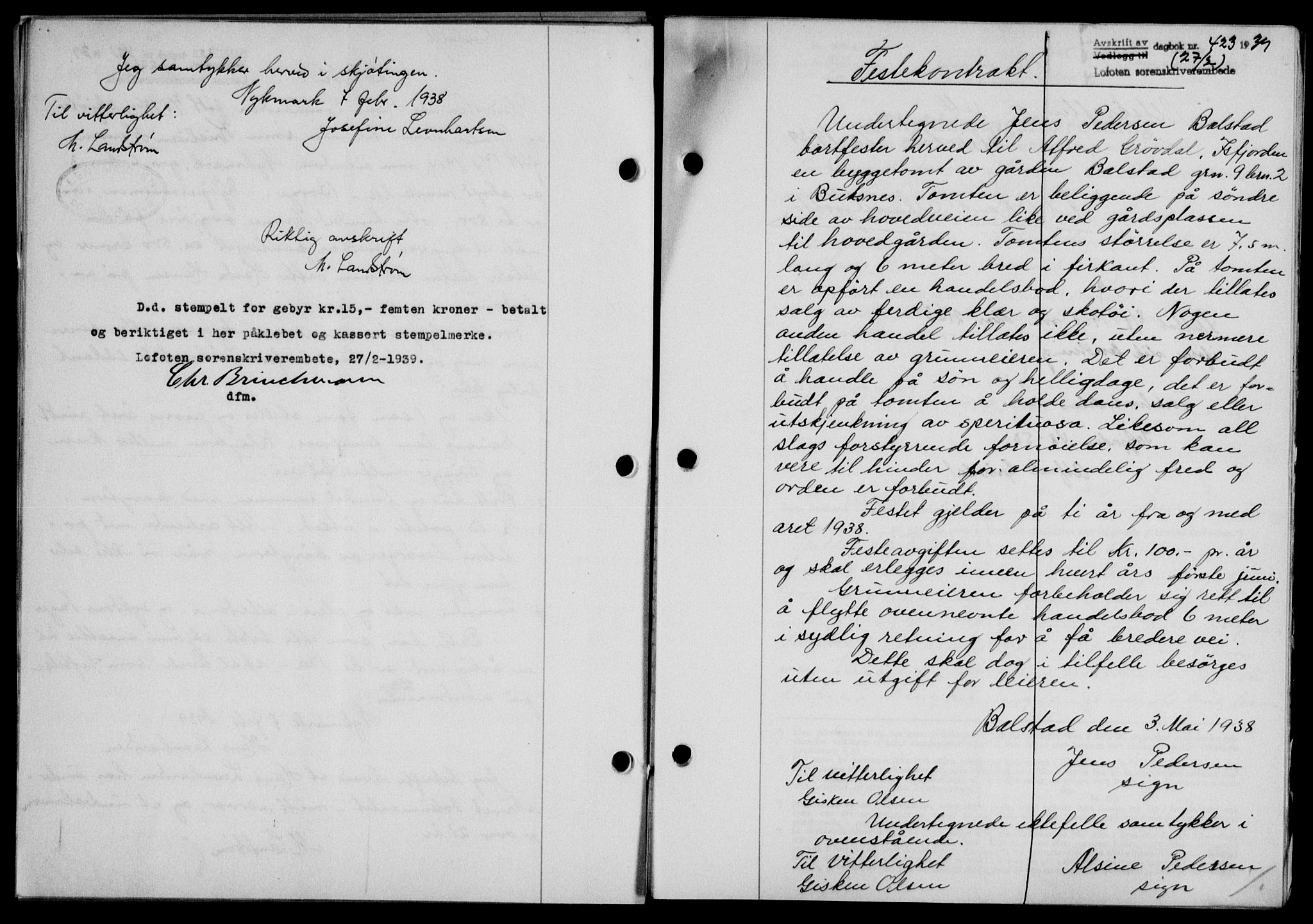 Lofoten sorenskriveri, SAT/A-0017/1/2/2C/L0005a: Mortgage book no. 5a, 1939-1939, Diary no: : 423/1939