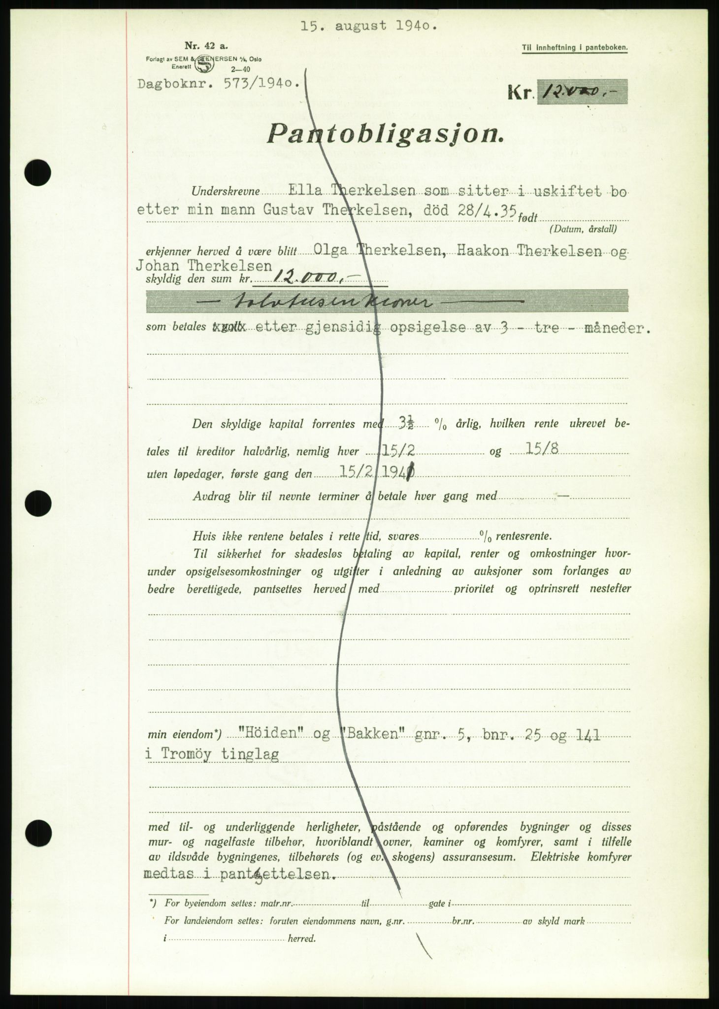 Nedenes sorenskriveri, SAK/1221-0006/G/Gb/Gbb/L0001: Mortgage book no. I, 1939-1942, Diary no: : 573/1940
