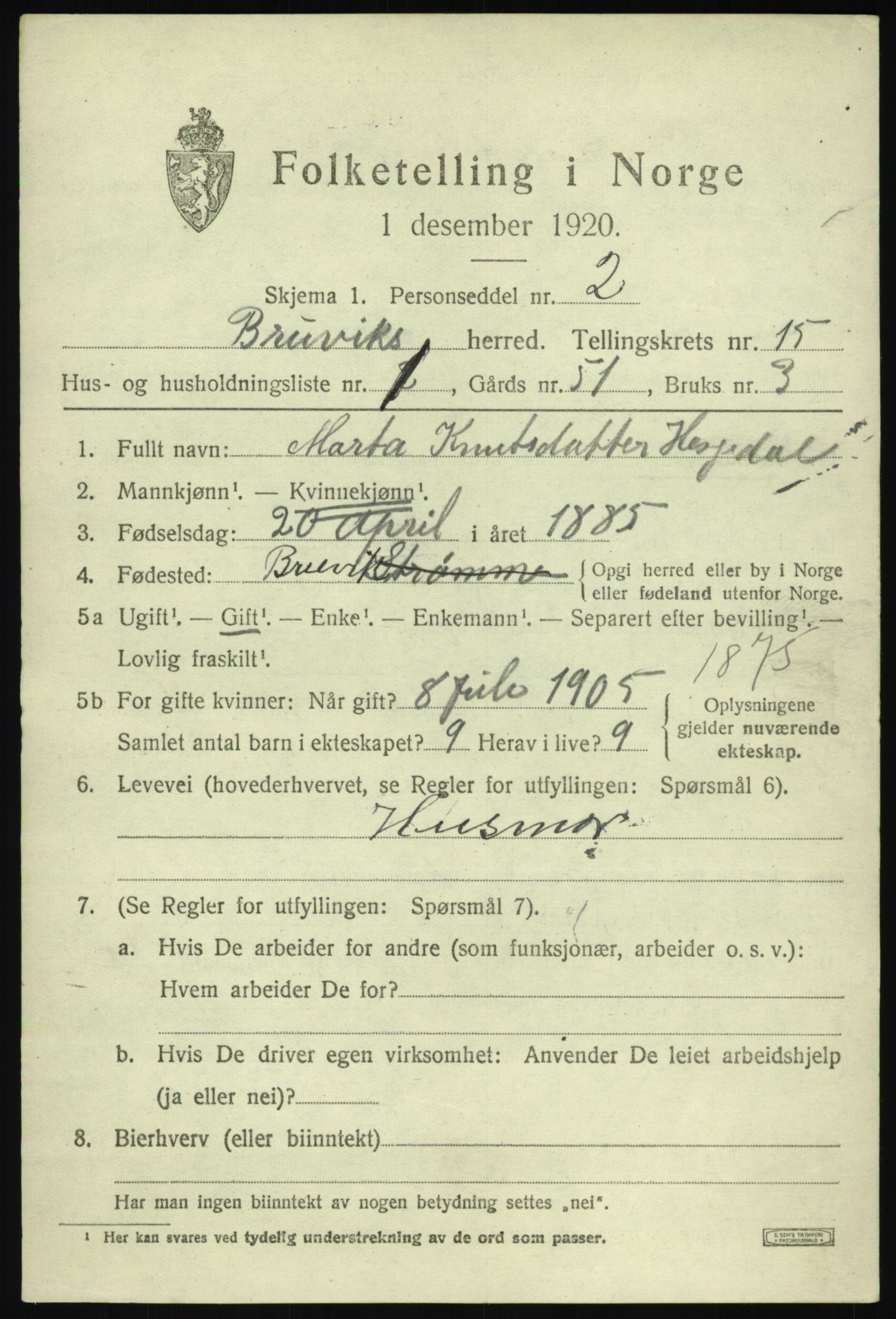 SAB, 1920 census for Bruvik, 1920, p. 9142