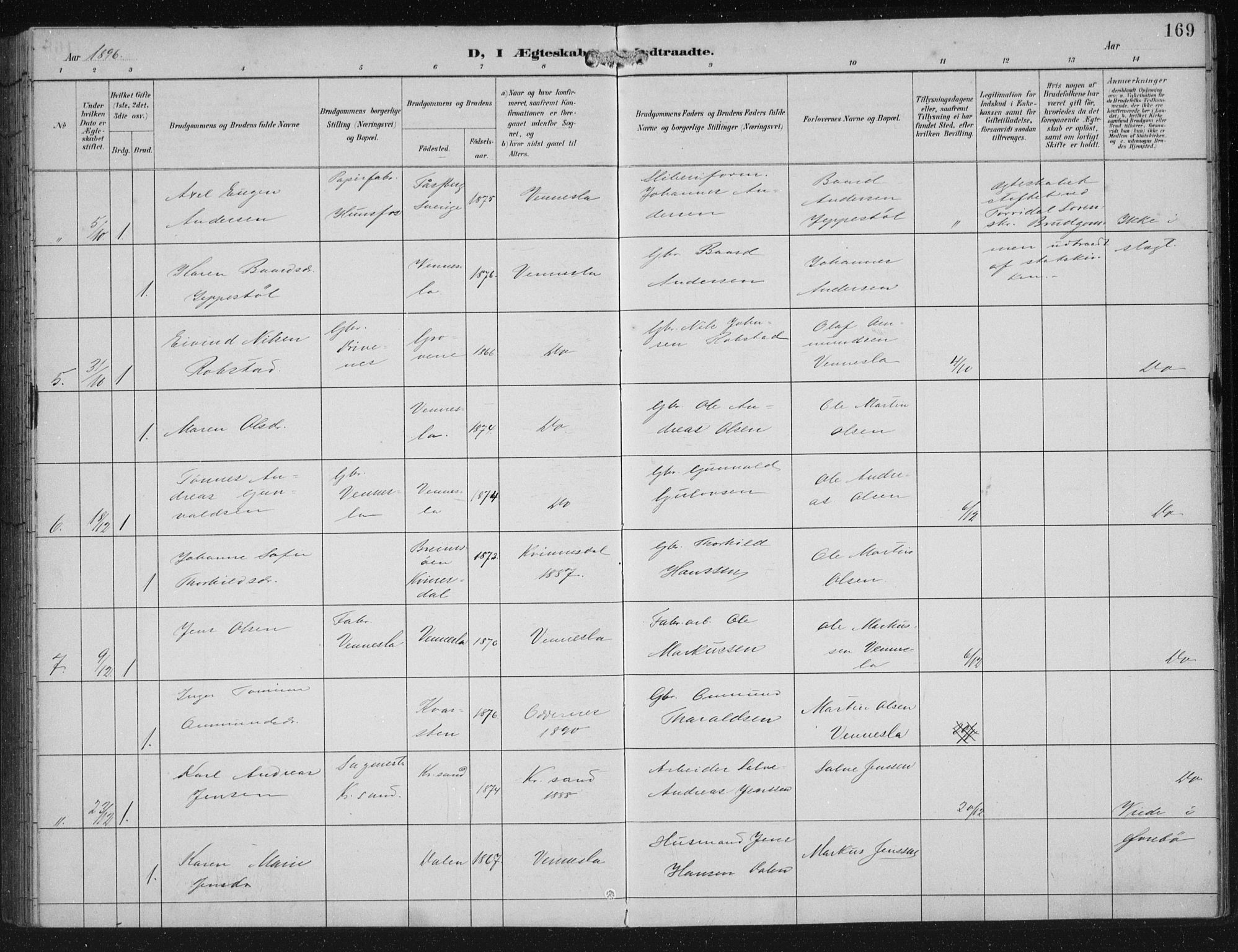 Vennesla sokneprestkontor, AV/SAK-1111-0045/Fb/Fbb/L0004: Parish register (copy) no. B 4, 1893-1902, p. 169
