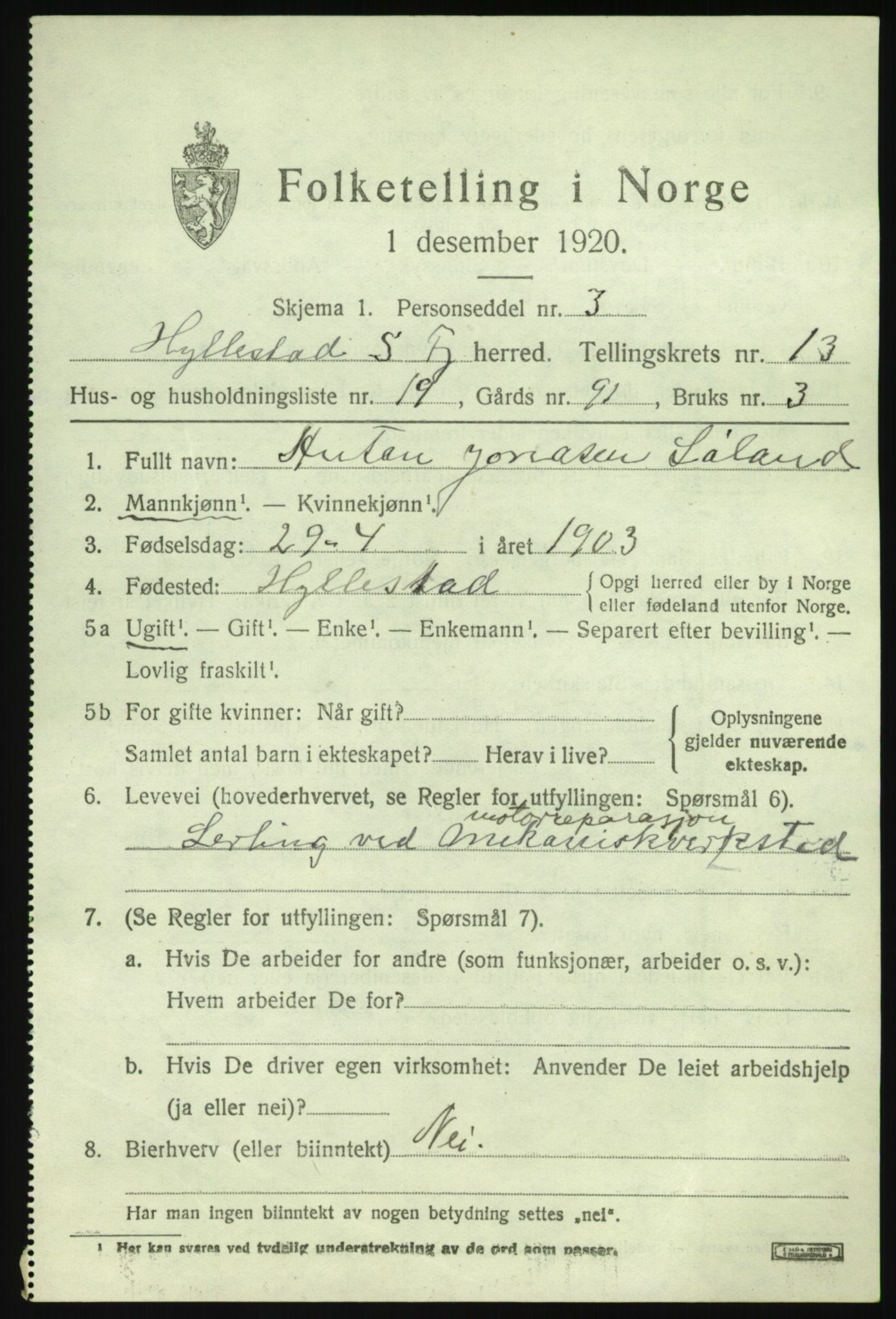 SAB, 1920 census for Hyllestad, 1920, p. 5082