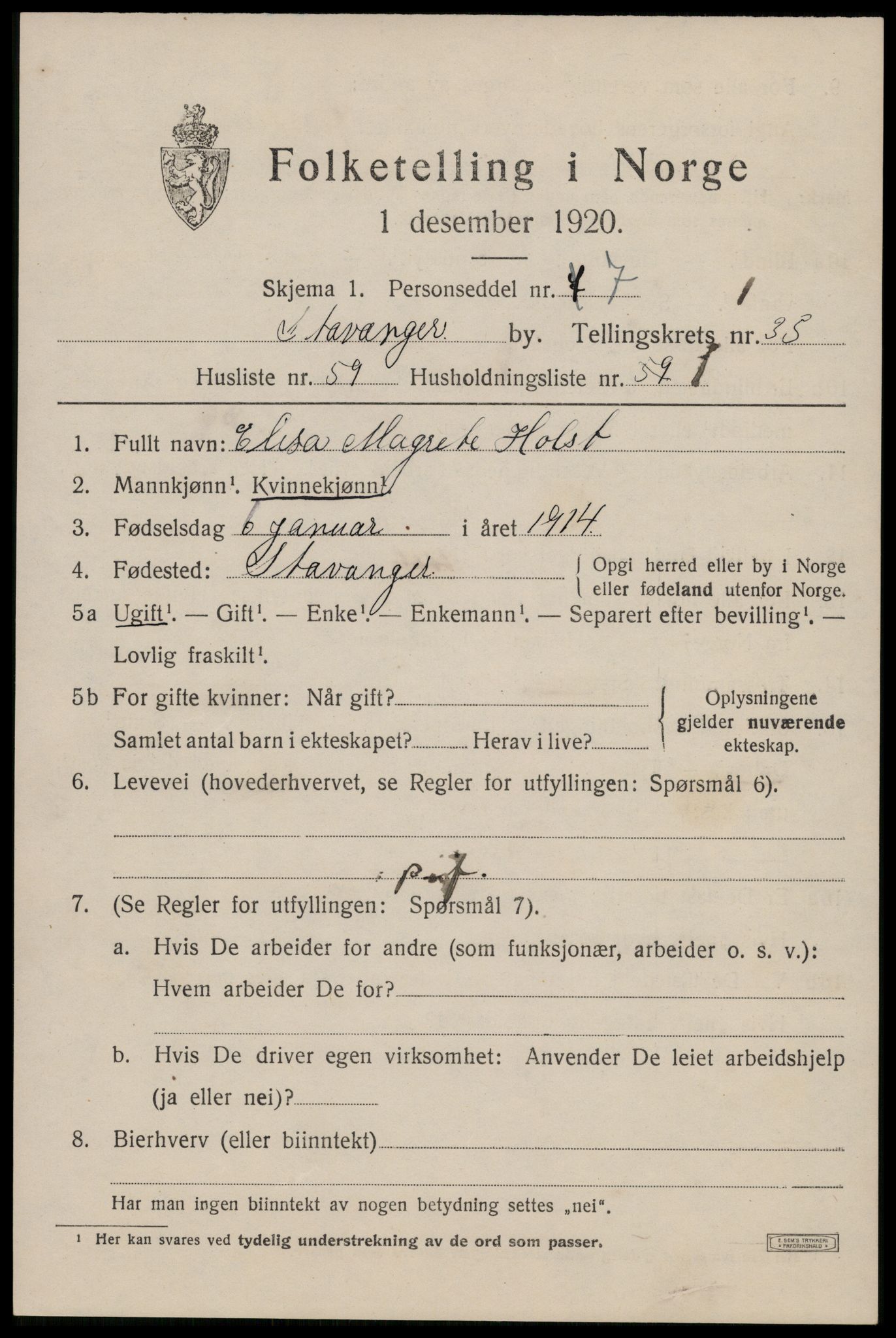 SAST, 1920 census for Stavanger, 1920, p. 94726