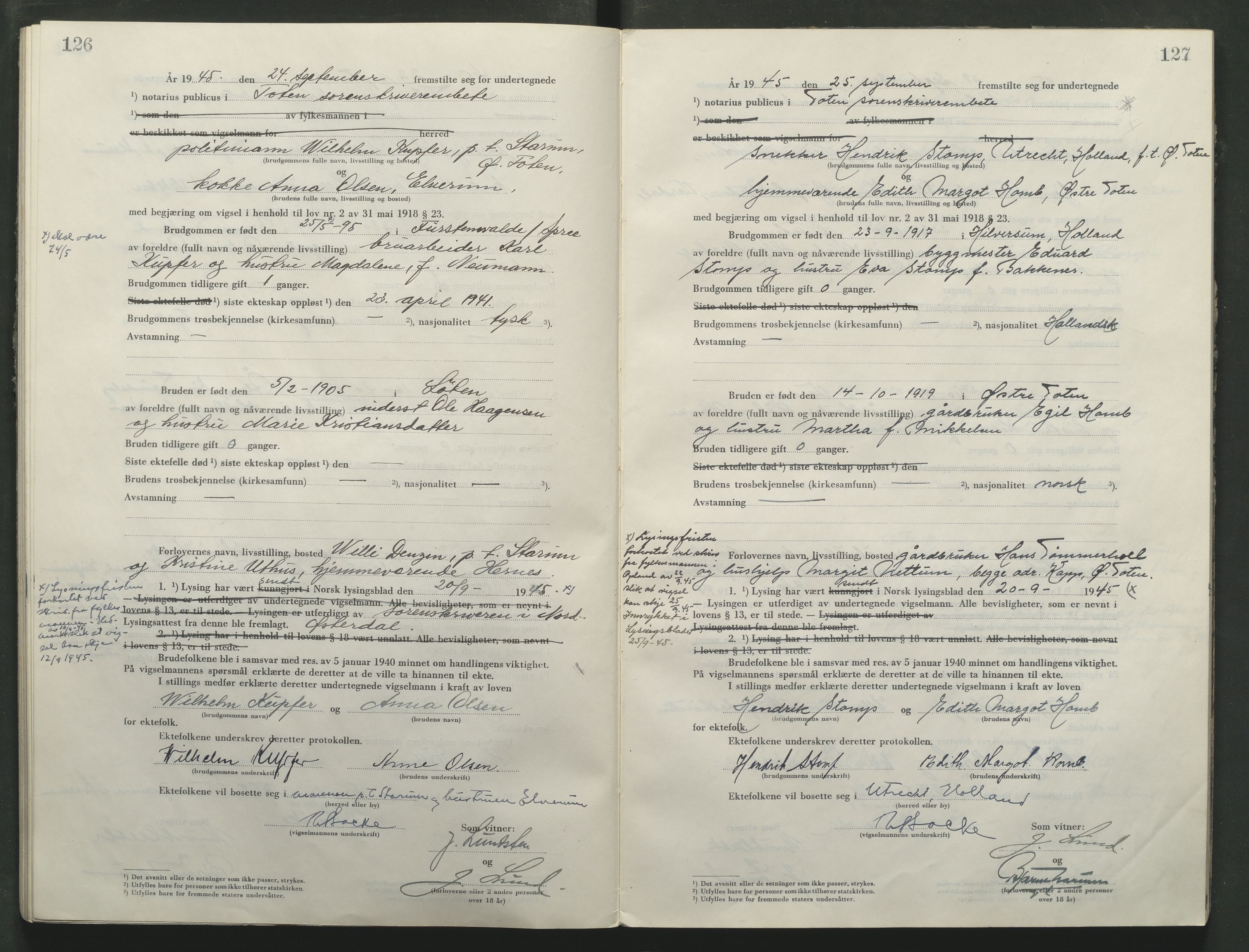 Toten tingrett, AV/SAH-TING-006/L/Lc/L0005: Vigselbok, 1944-1948, p. 126-127