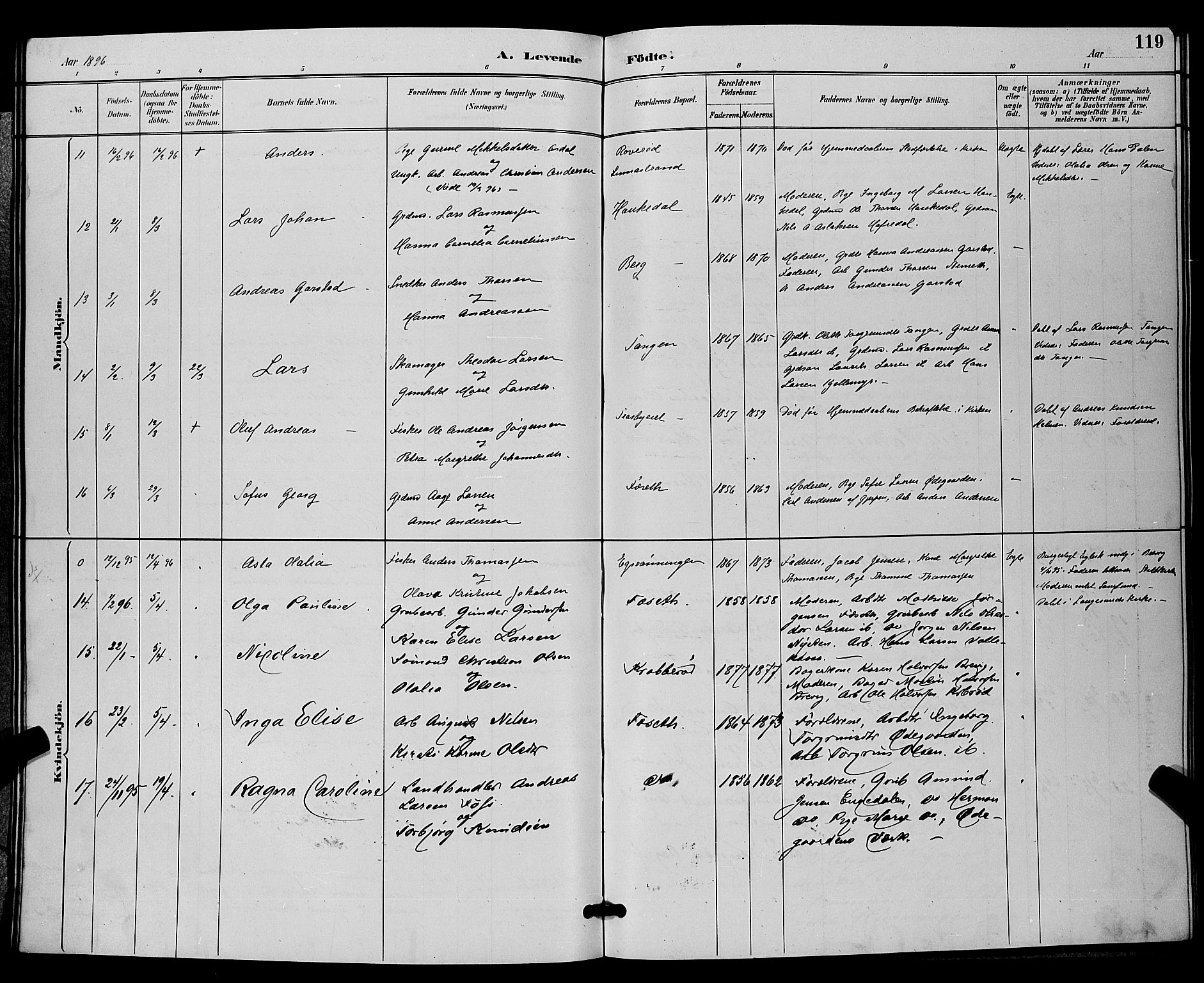 Bamble kirkebøker, SAKO/A-253/G/Ga/L0009: Parish register (copy) no. I 9, 1888-1900, p. 119