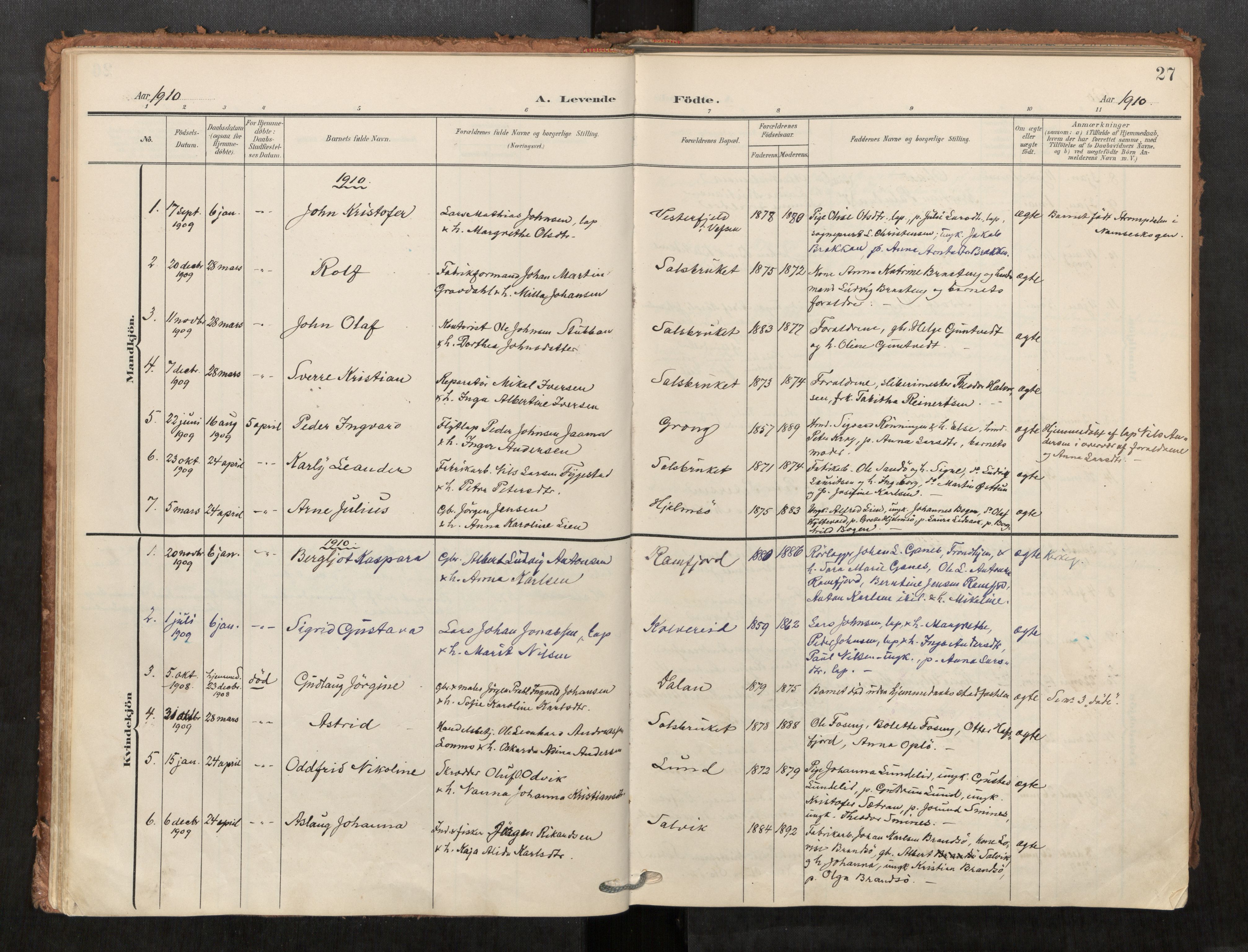Kolvereid sokneprestkontor, SAT/A-1171/H/Ha/Haa/L0001: Parish register (official) no. 1, 1903-1922, p. 27