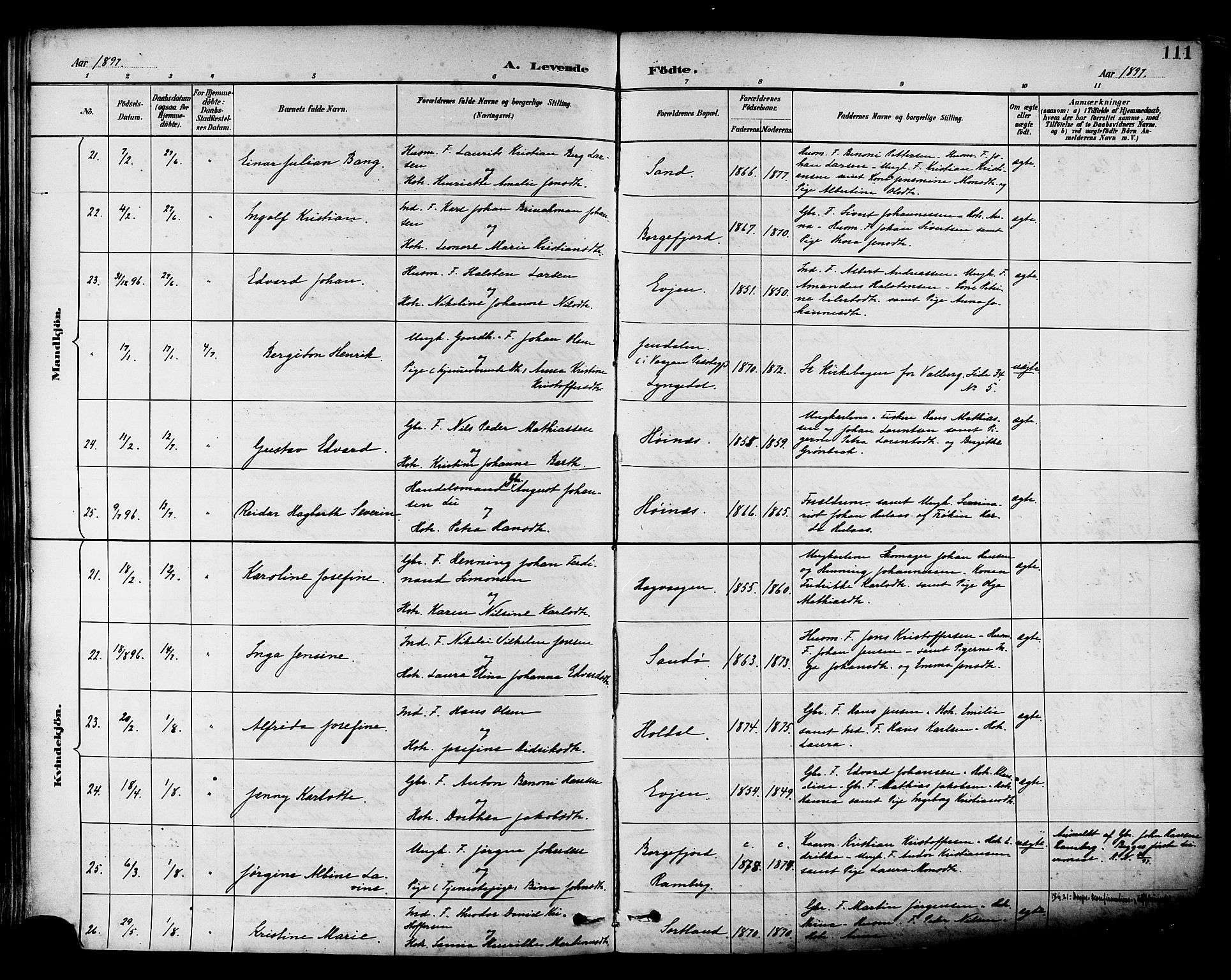 Ministerialprotokoller, klokkerbøker og fødselsregistre - Nordland, AV/SAT-A-1459/880/L1133: Parish register (official) no. 880A07, 1888-1898, p. 111