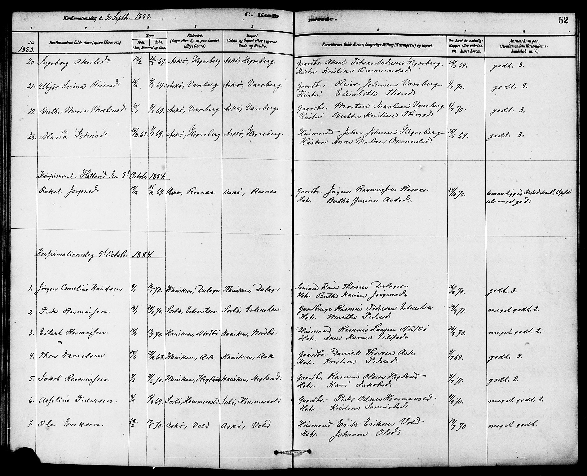 Rennesøy sokneprestkontor, AV/SAST-A -101827/H/Ha/Haa/L0007: Parish register (official) no. A 7, 1878-1884, p. 52