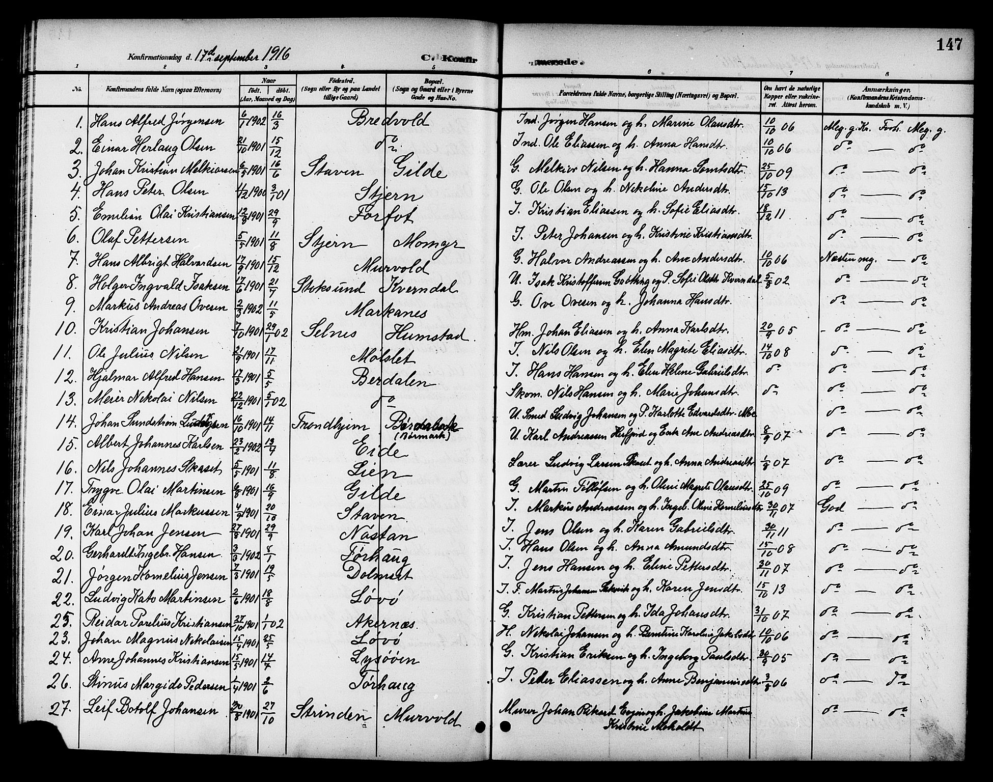 Ministerialprotokoller, klokkerbøker og fødselsregistre - Sør-Trøndelag, SAT/A-1456/655/L0688: Parish register (copy) no. 655C04, 1899-1922, p. 147