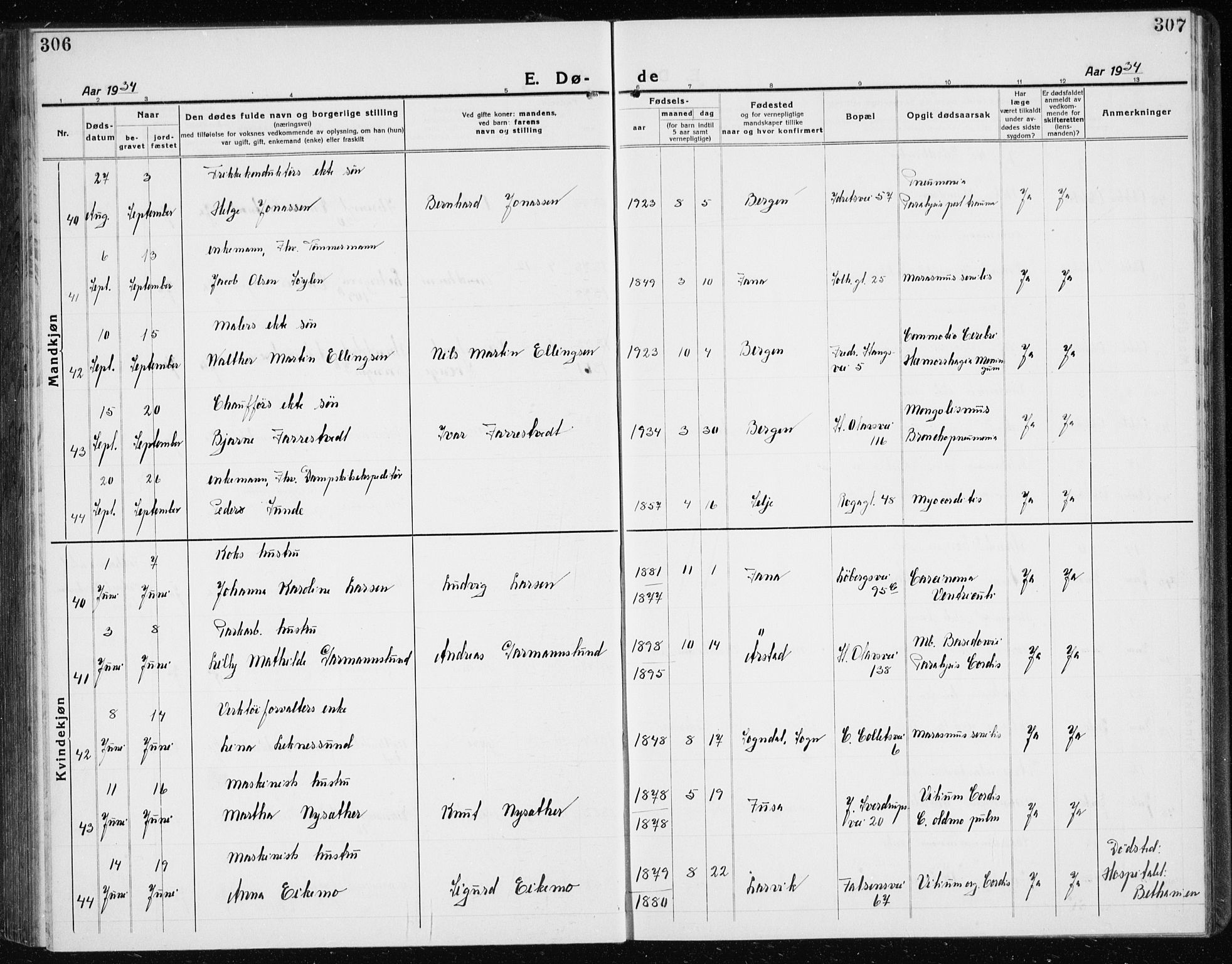 Årstad Sokneprestembete, AV/SAB-A-79301/H/Hab/L0025: Parish register (copy) no. D 2, 1922-1940, p. 306-307