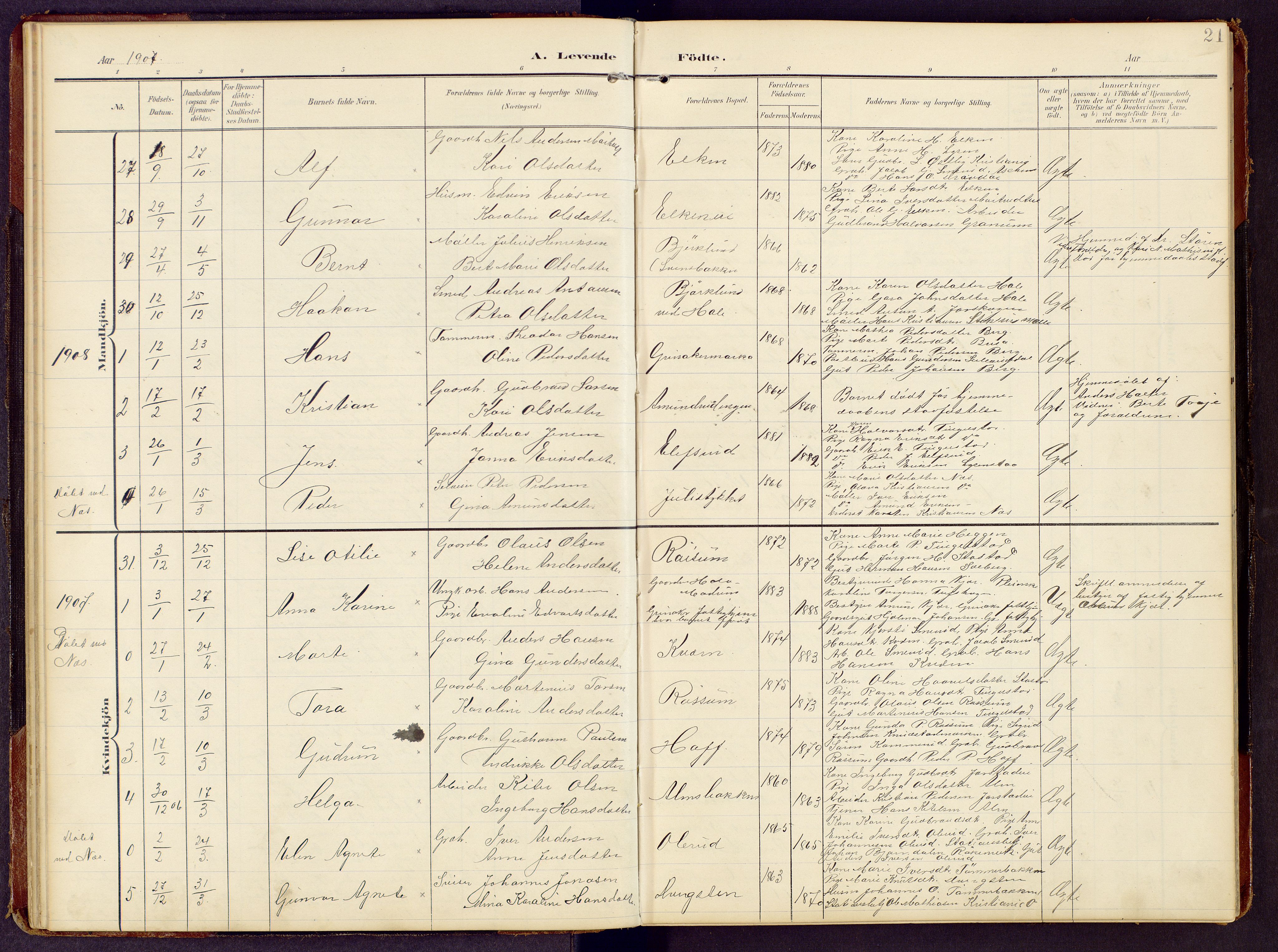 Brandbu prestekontor, AV/SAH-PREST-114/H/Ha/Hab/L0009: Parish register (copy) no. 9, 1903-1916, p. 21