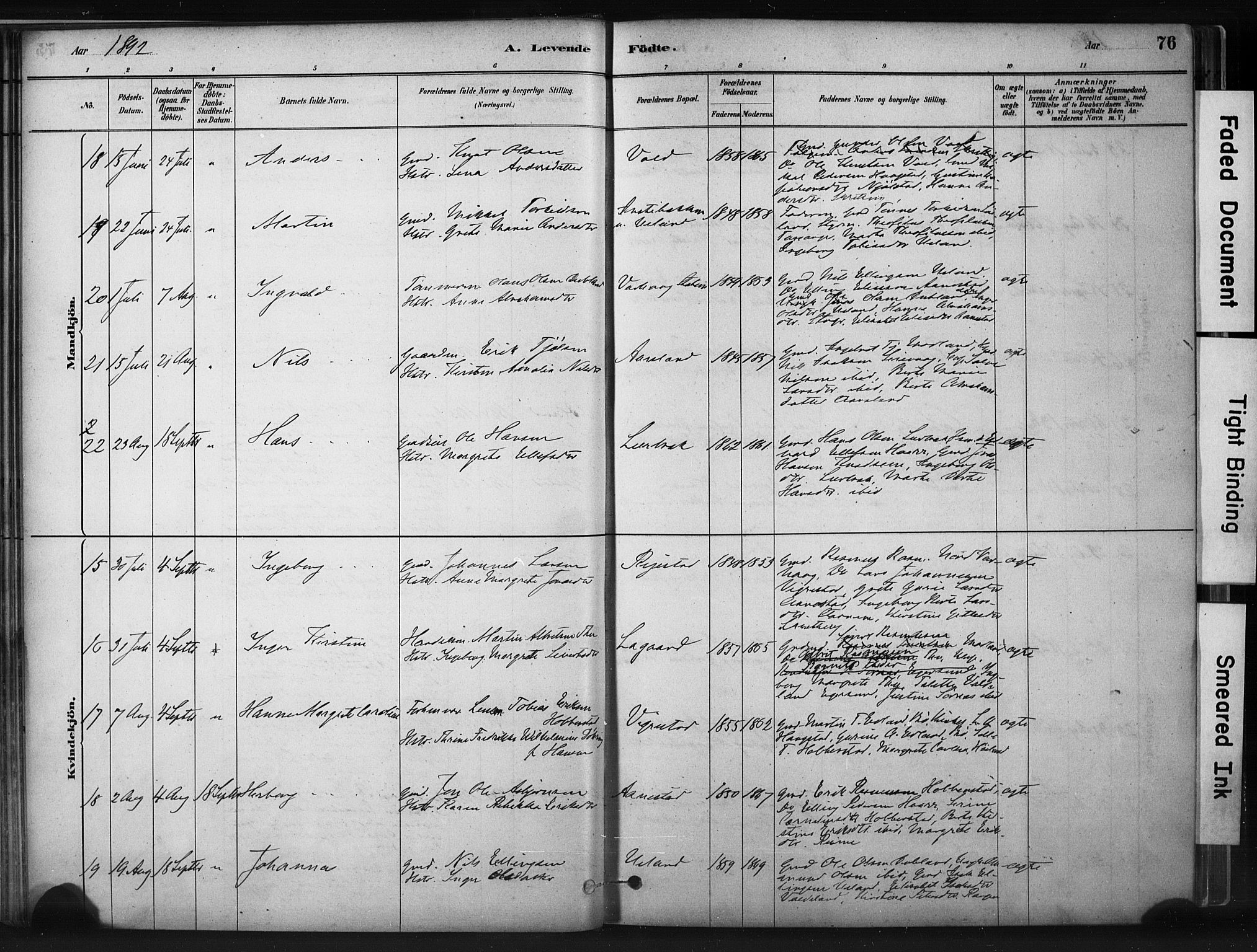 Hå sokneprestkontor, AV/SAST-A-101801/001/30BA/L0011: Parish register (official) no. A 10, 1879-1900, p. 76