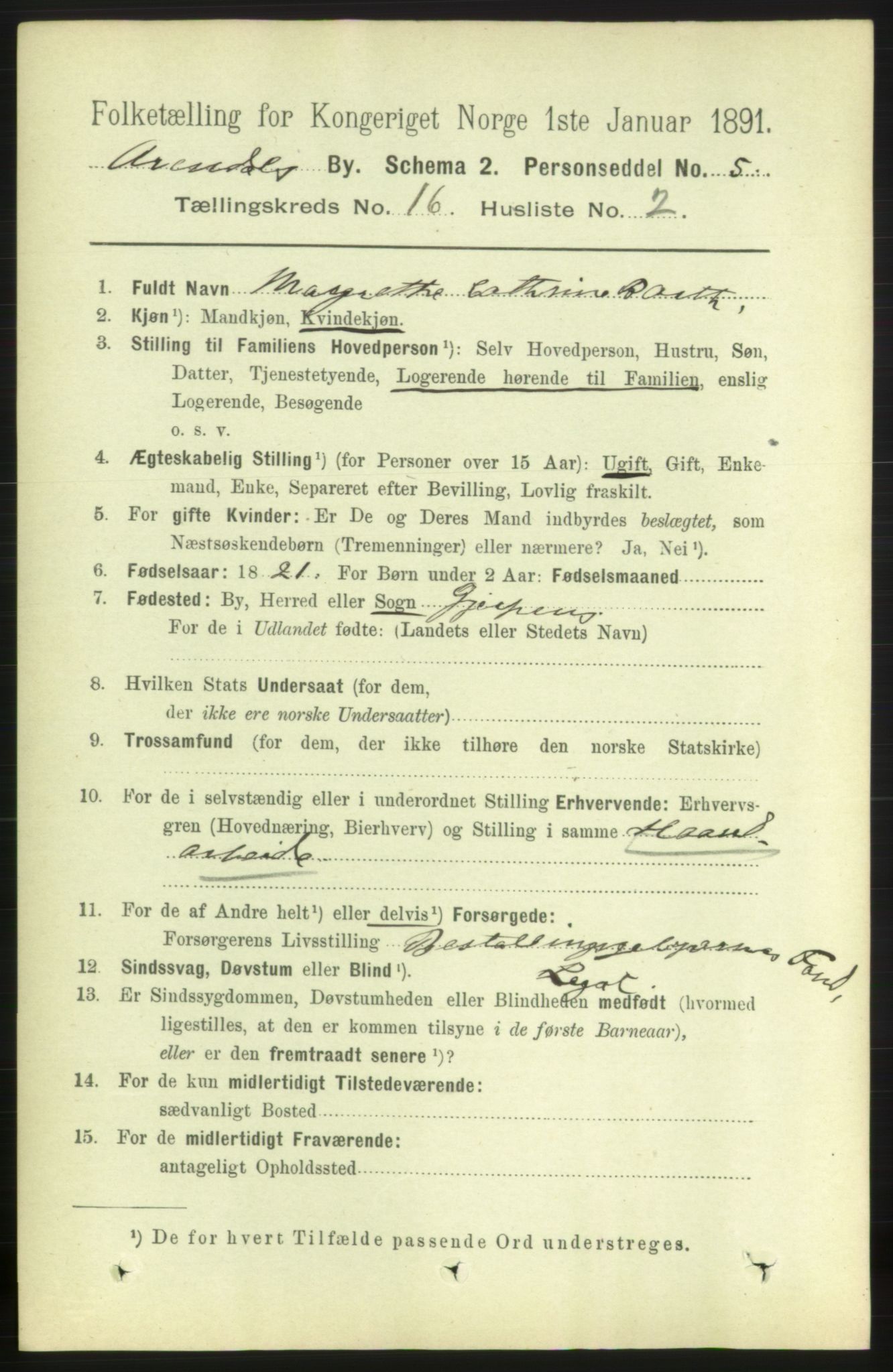 RA, 1891 census for 0903 Arendal, 1891, p. 5373