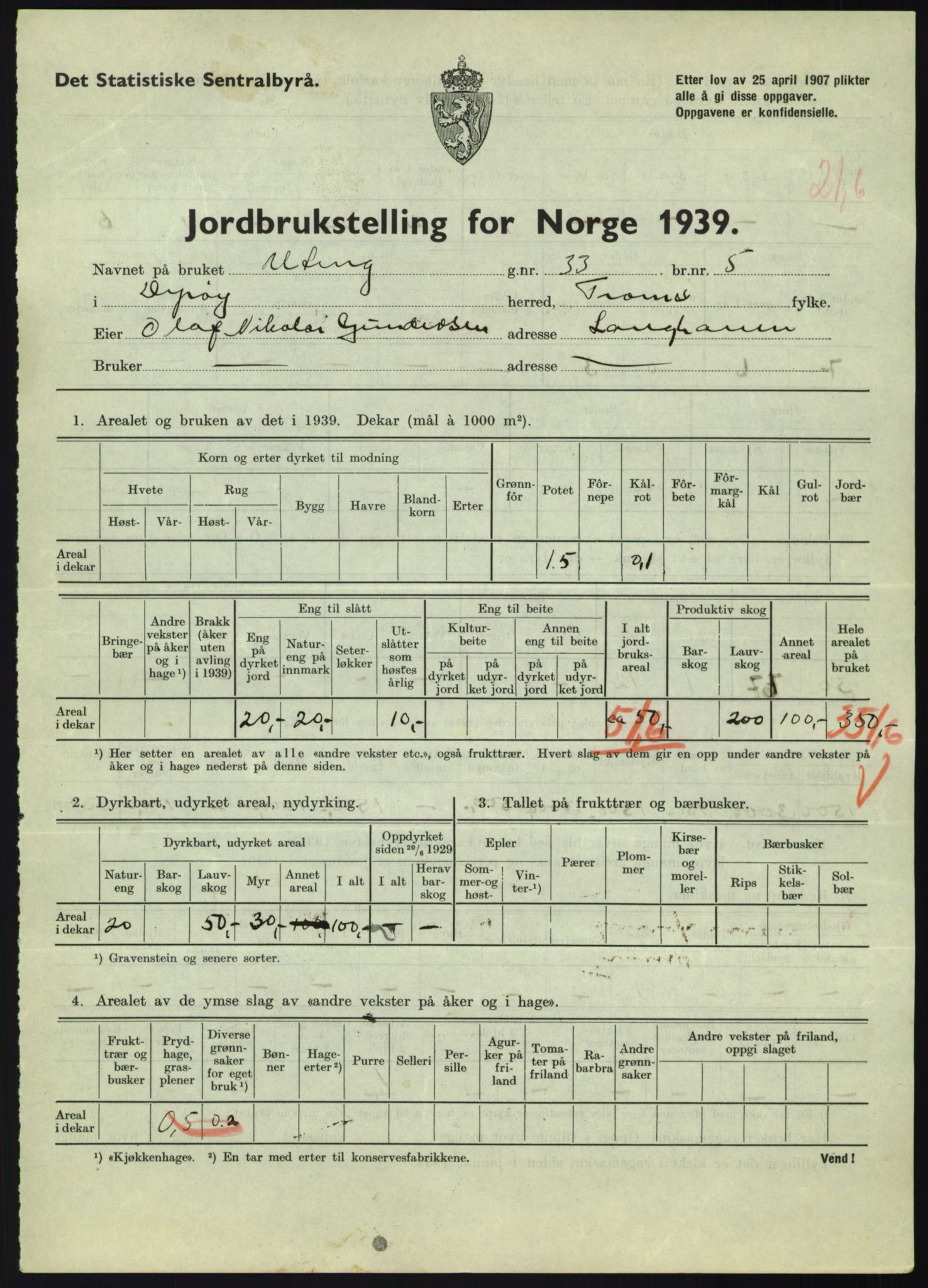 Statistisk sentralbyrå, Næringsøkonomiske emner, Jordbruk, skogbruk, jakt, fiske og fangst, AV/RA-S-2234/G/Gb/L0340: Troms: Salangen og Dyrøy, 1939, p. 1518