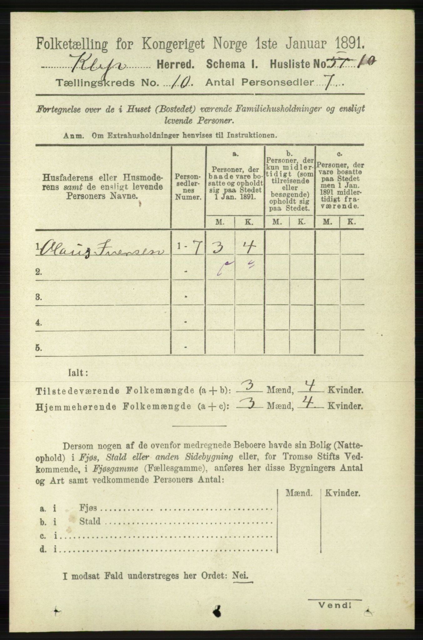 RA, 1891 census for 1120 Klepp, 1891, p. 2828