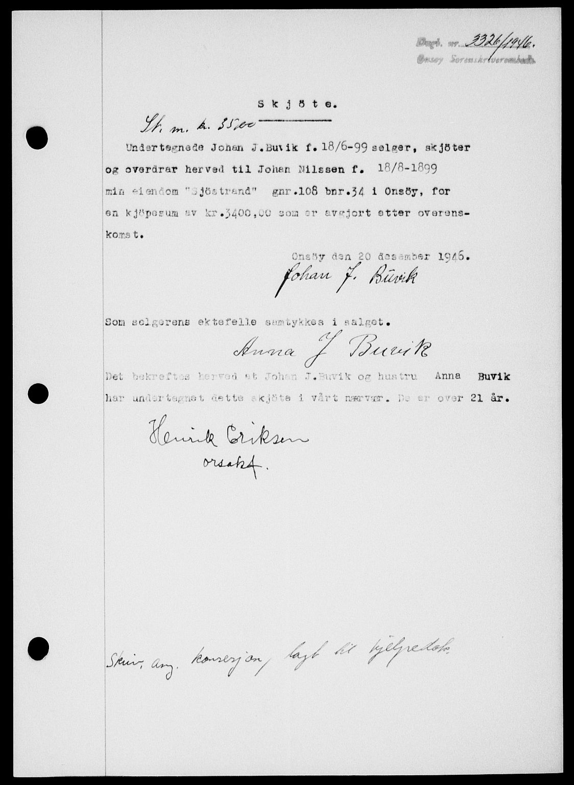 Onsøy sorenskriveri, SAO/A-10474/G/Ga/Gab/L0018: Mortgage book no. II A-18, 1946-1947, Diary no: : 3326/1946
