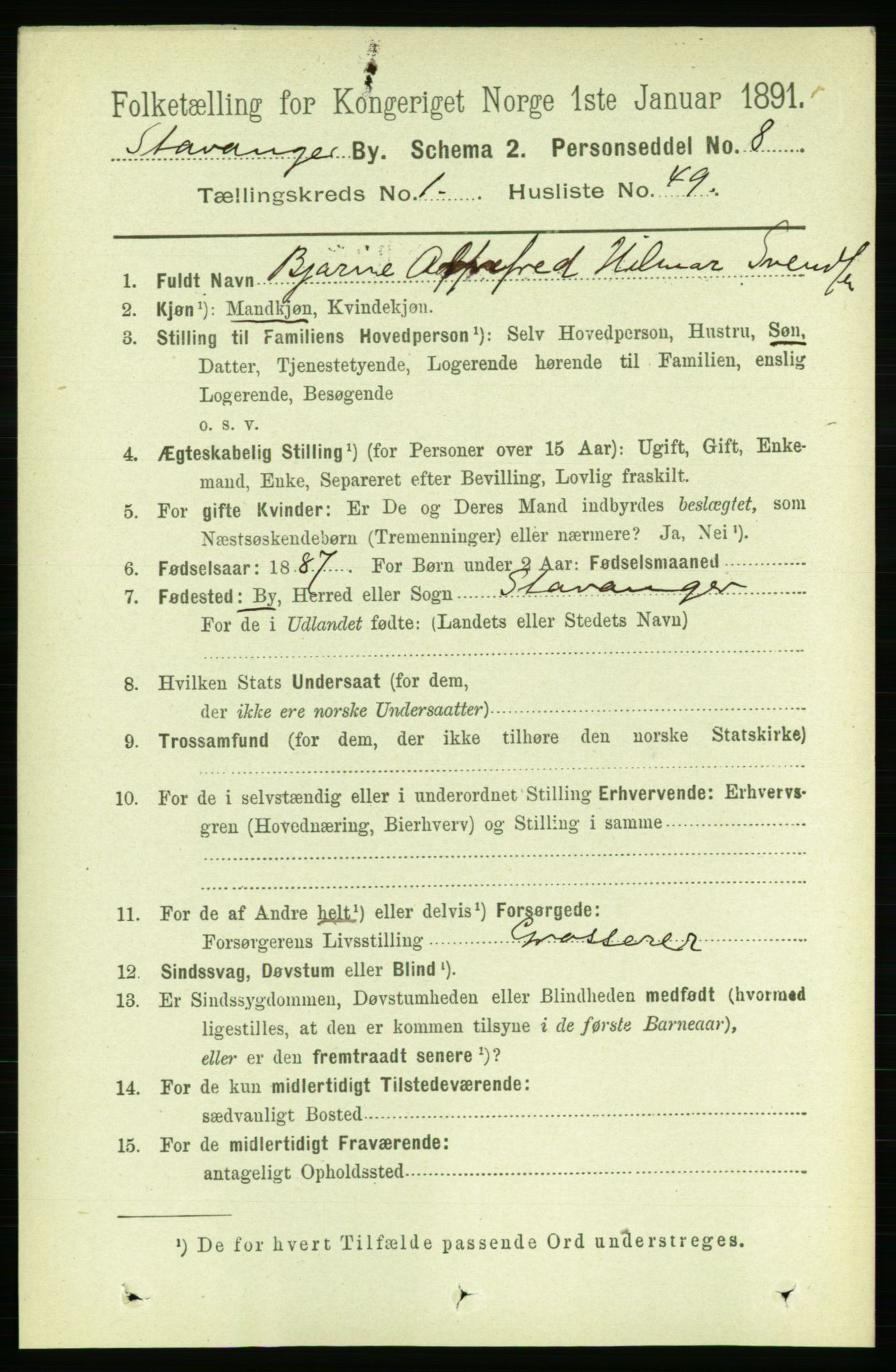 RA, 1891 census for 1103 Stavanger, 1891, p. 5579
