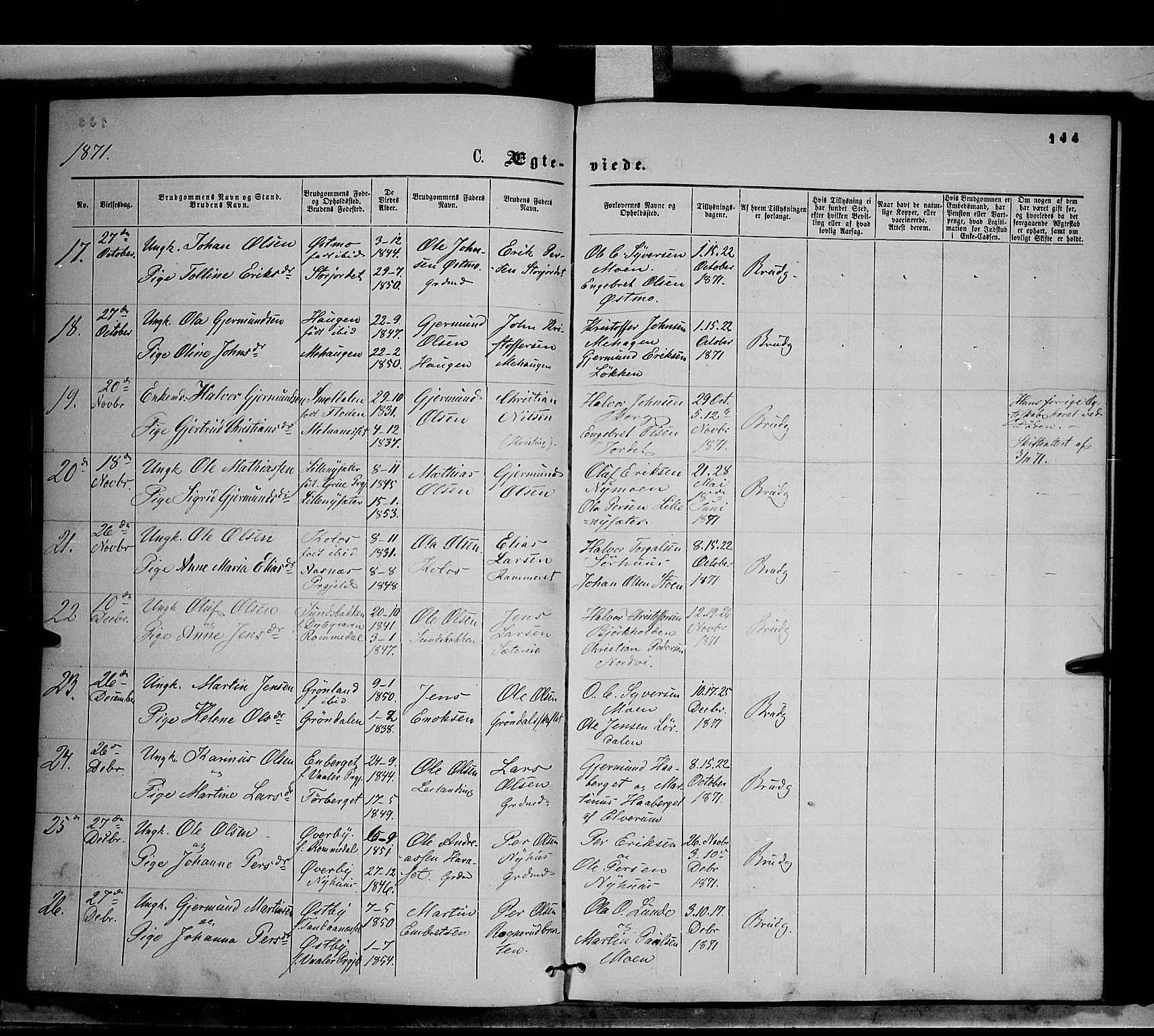 Trysil prestekontor, AV/SAH-PREST-046/H/Ha/Haa/L0006: Parish register (official) no. 6, 1866-1873, p. 144