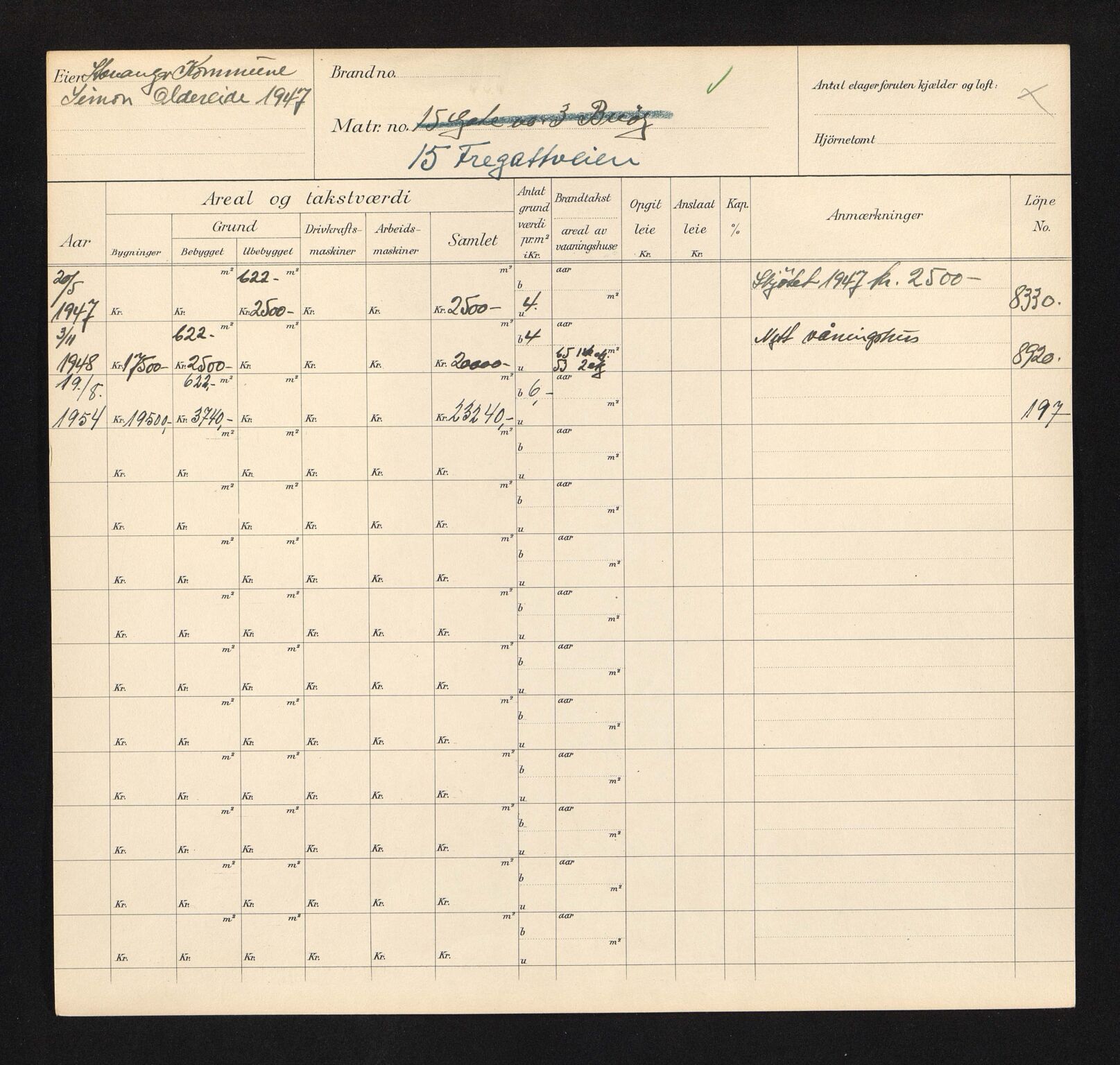 Stavanger kommune. Skattetakstvesenet, BYST/A-0440/F/Fa/Faa/L0014/0004: Skattetakstkort / Fregattveien 7 - 26a