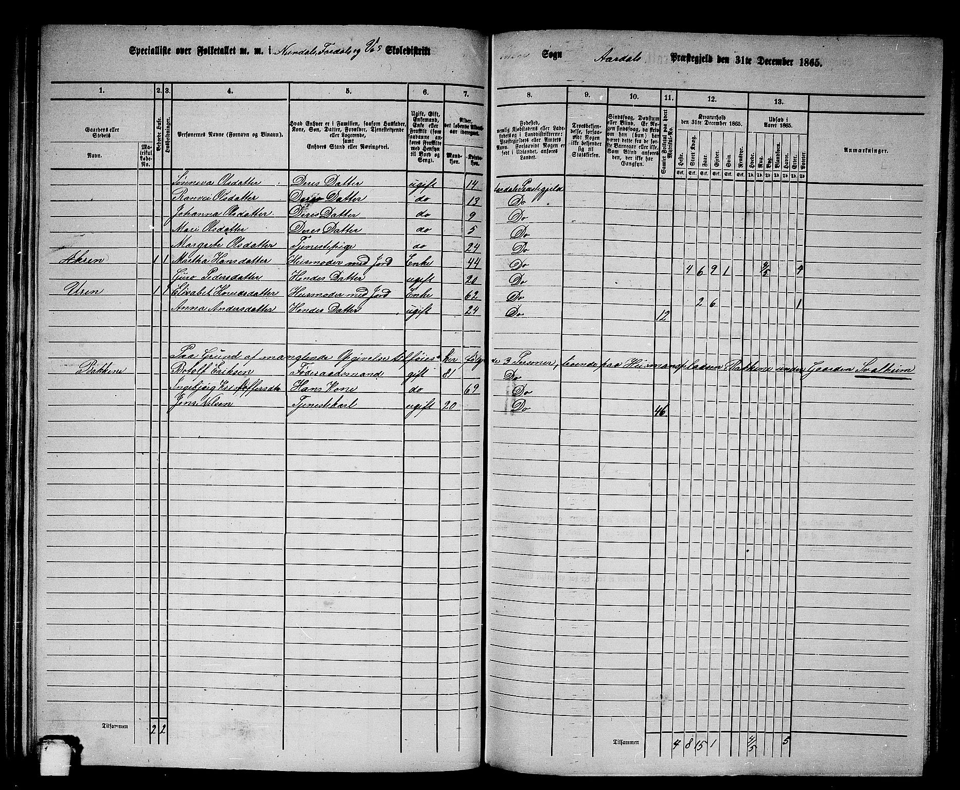 RA, 1865 census for Årdal, 1865, p. 66