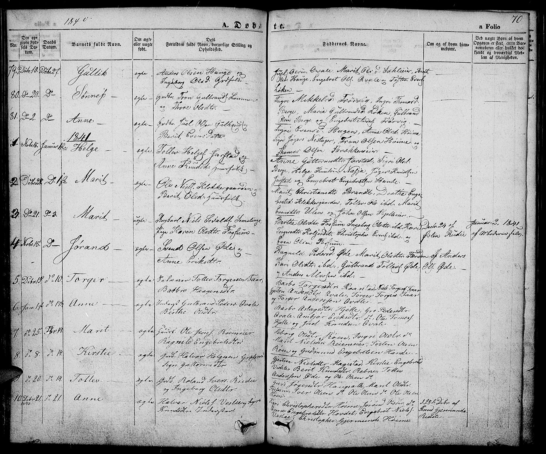 Slidre prestekontor, SAH/PREST-134/H/Ha/Haa/L0003: Parish register (official) no. 3, 1831-1843, p. 70
