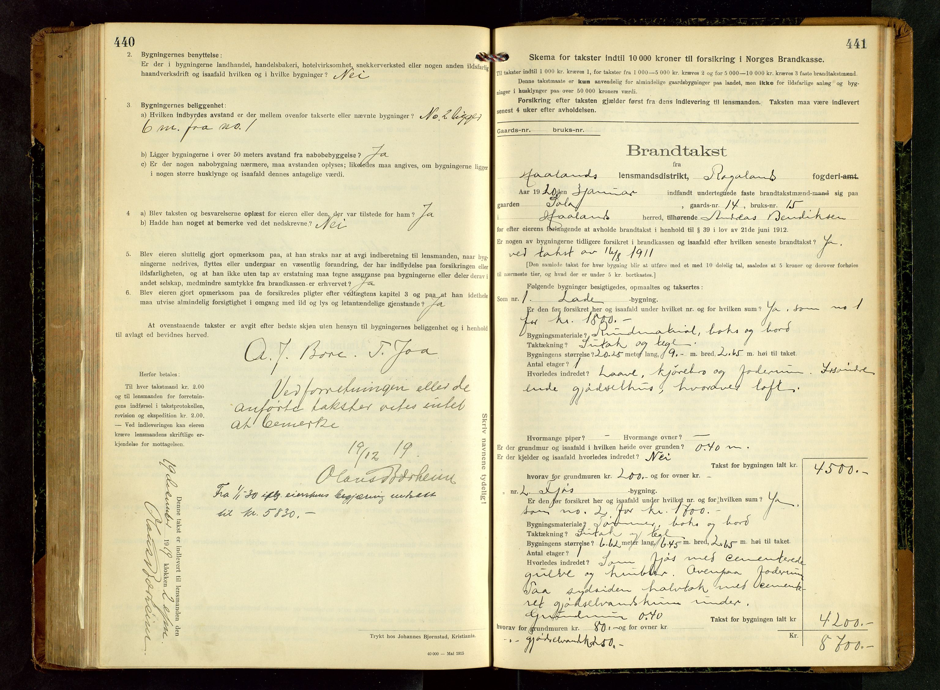 Håland lensmannskontor, SAST/A-100100/Gob/L0006: Branntakstprotokoll - skjematakst. Register i boken., 1917-1920, p. 440-441