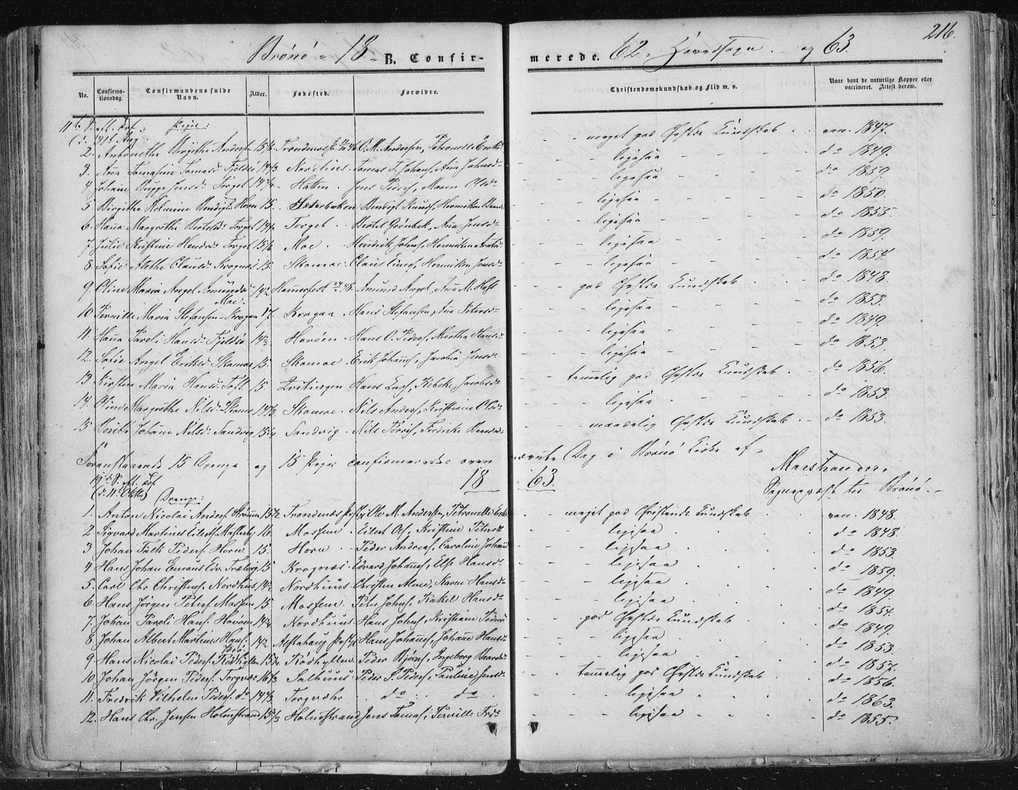 Ministerialprotokoller, klokkerbøker og fødselsregistre - Nordland, SAT/A-1459/813/L0198: Parish register (official) no. 813A08, 1834-1874, p. 216