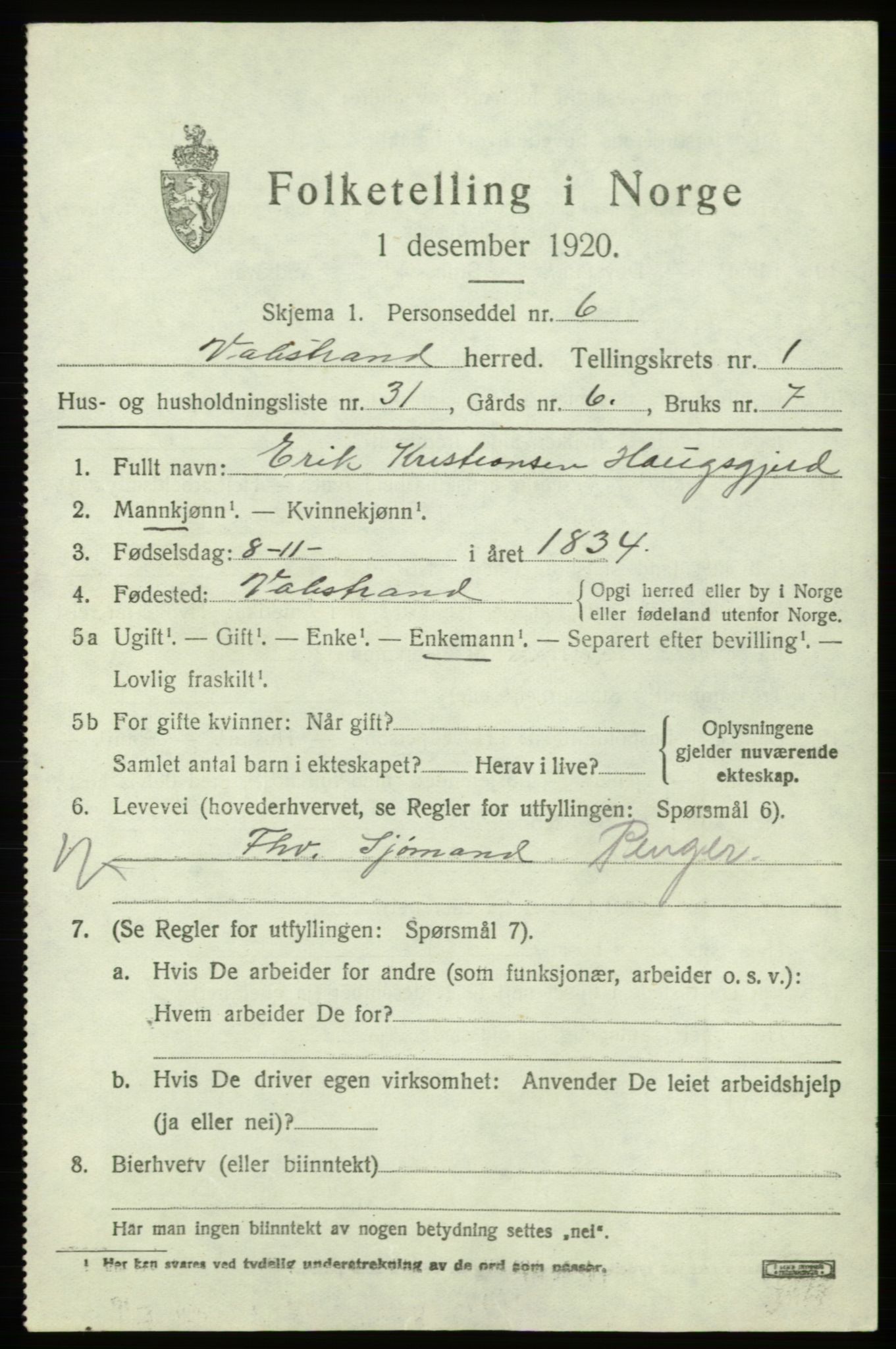 SAB, 1920 census for Valestrand, 1920, p. 813