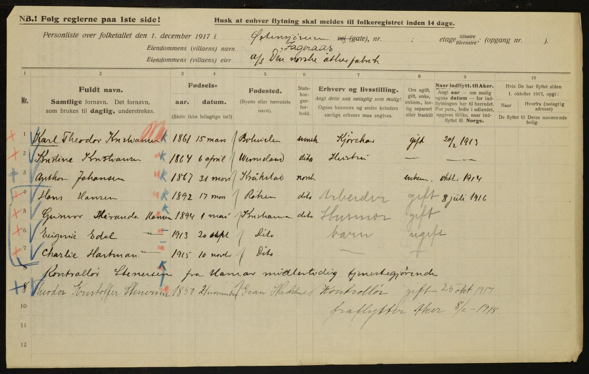 OBA, Municipal Census 1917 for Aker, 1917, p. 17223