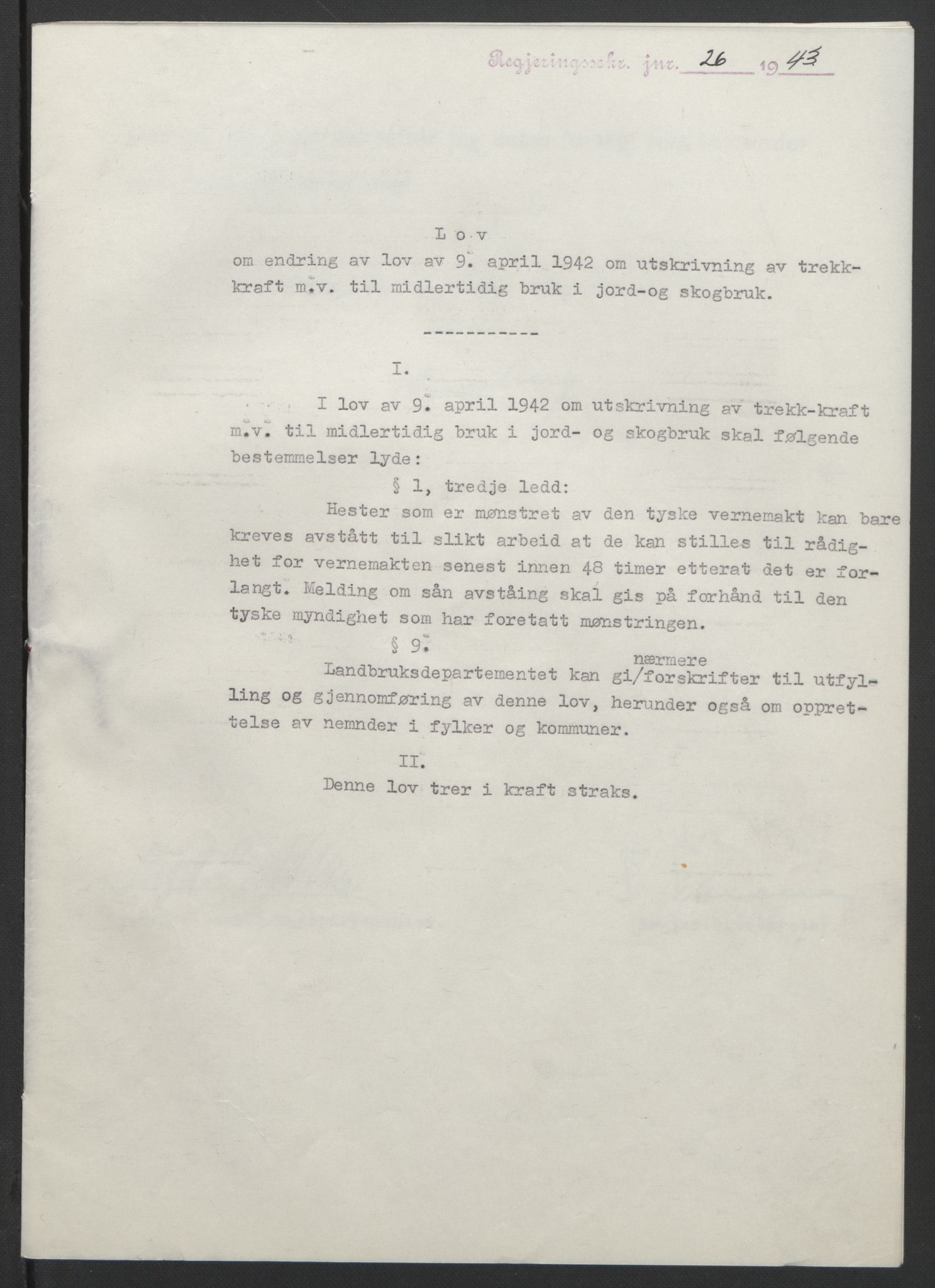 NS-administrasjonen 1940-1945 (Statsrådsekretariatet, de kommisariske statsråder mm), RA/S-4279/D/Db/L0099: Lover, 1943, p. 57