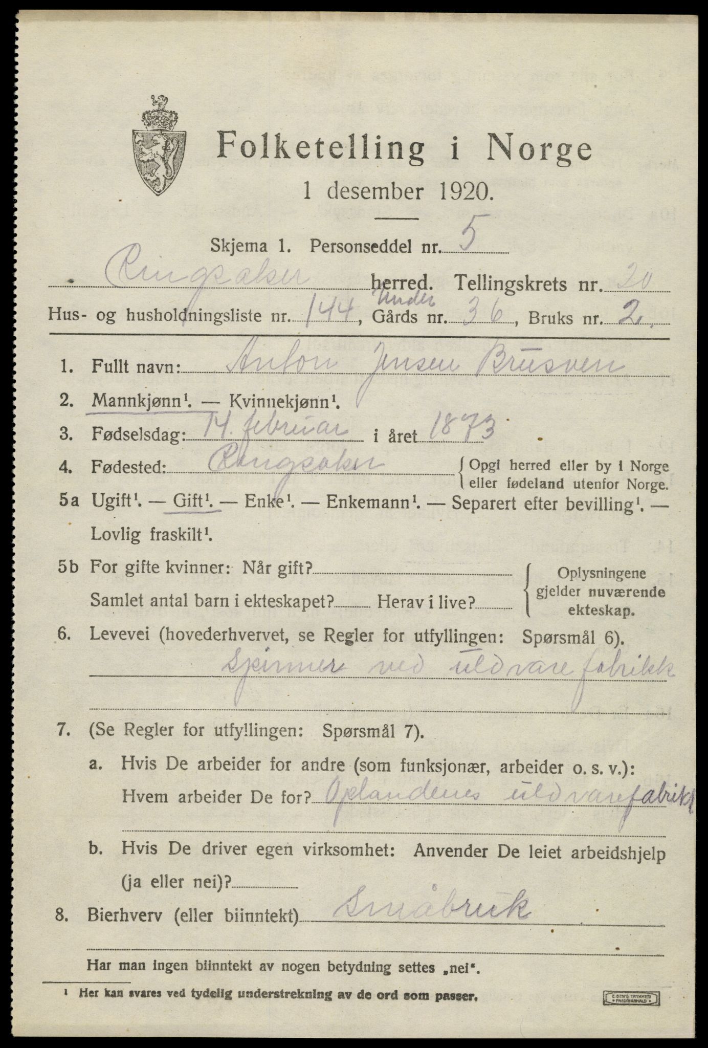 SAH, 1920 census for Ringsaker, 1920, p. 28538