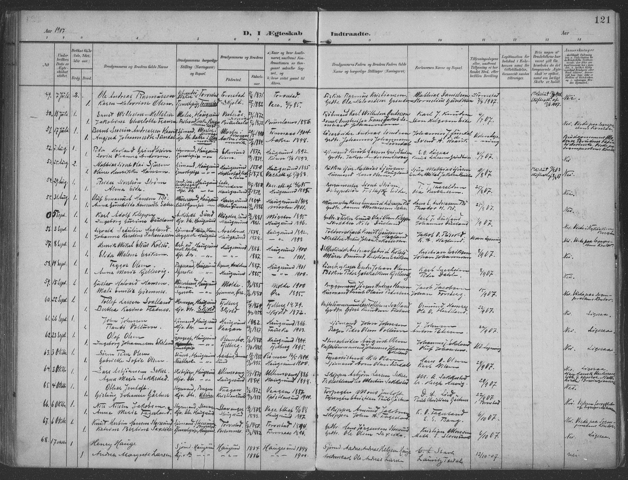 Haugesund sokneprestkontor, AV/SAST-A -101863/H/Ha/Haa/L0007: Parish register (official) no. A 7, 1904-1916, p. 121