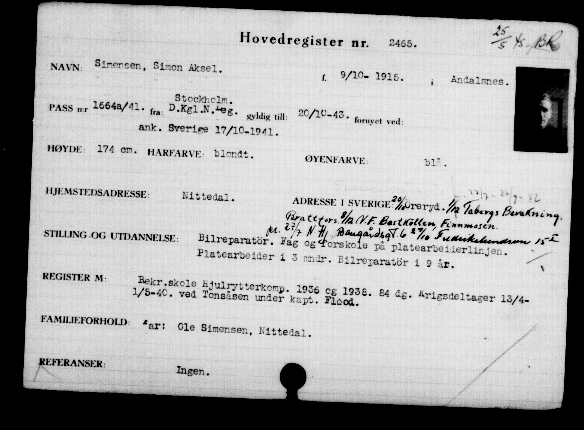 Den Kgl. Norske Legasjons Flyktningskontor, RA/S-6753/V/Va/L0003: Kjesäterkartoteket.  Flyktningenr. 2001-3495, 1940-1945, p. 795