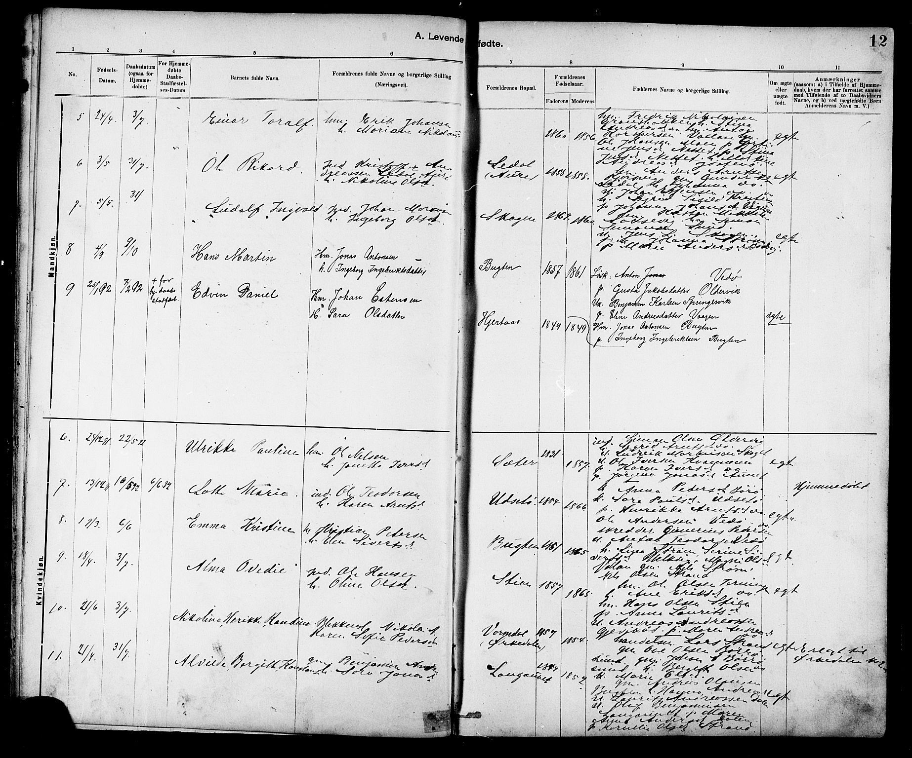 Ministerialprotokoller, klokkerbøker og fødselsregistre - Sør-Trøndelag, SAT/A-1456/639/L0573: Parish register (copy) no. 639C01, 1890-1905, p. 12