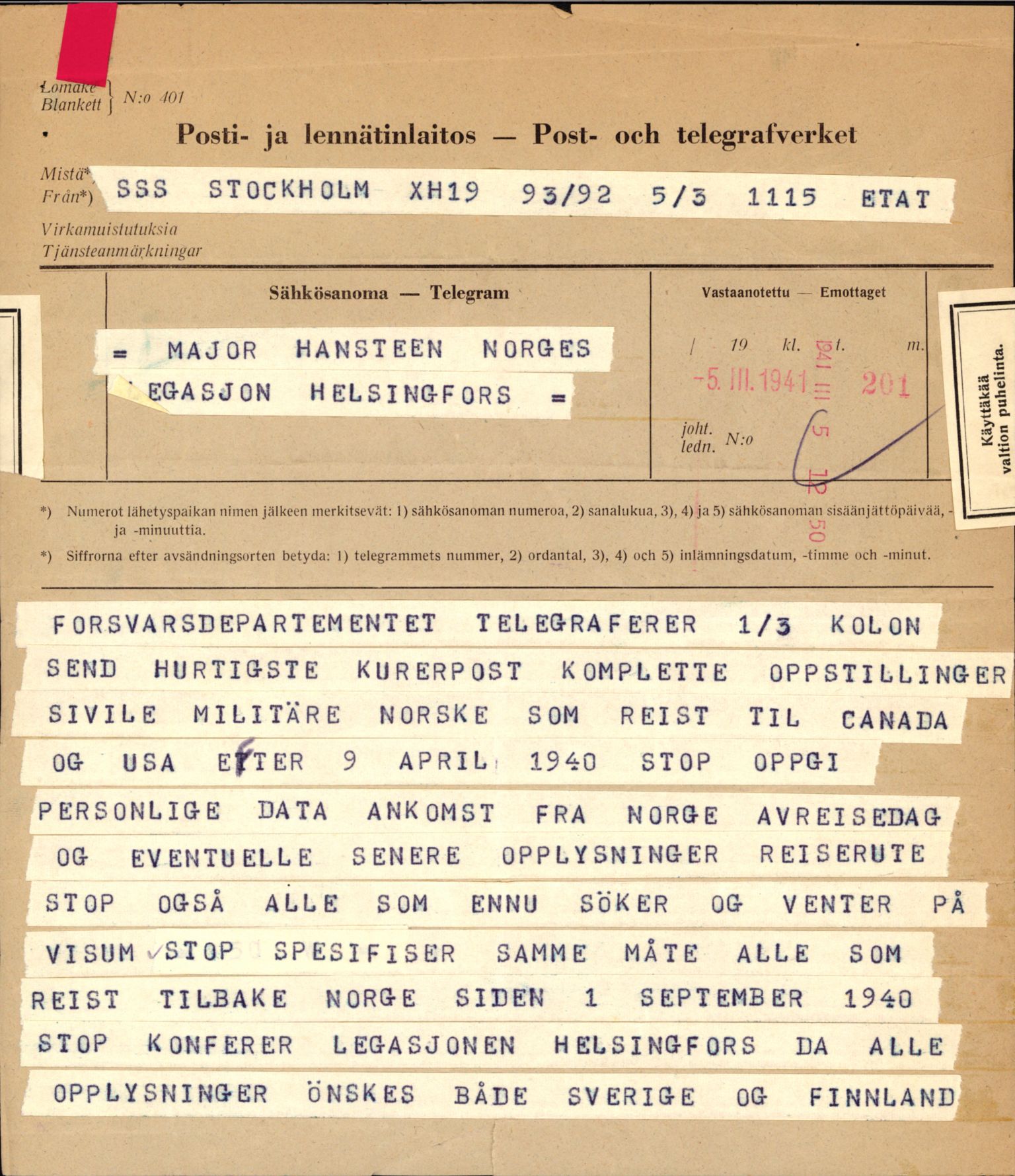 Forsvaret, Forsvarets krigshistoriske avdeling, RA/RAFA-2017/Y/Ya/L0006: II-C-11-11,2 - Utenriksdepartementet.  Legasjonen i Helsingfors., 1940-1946, p. 233