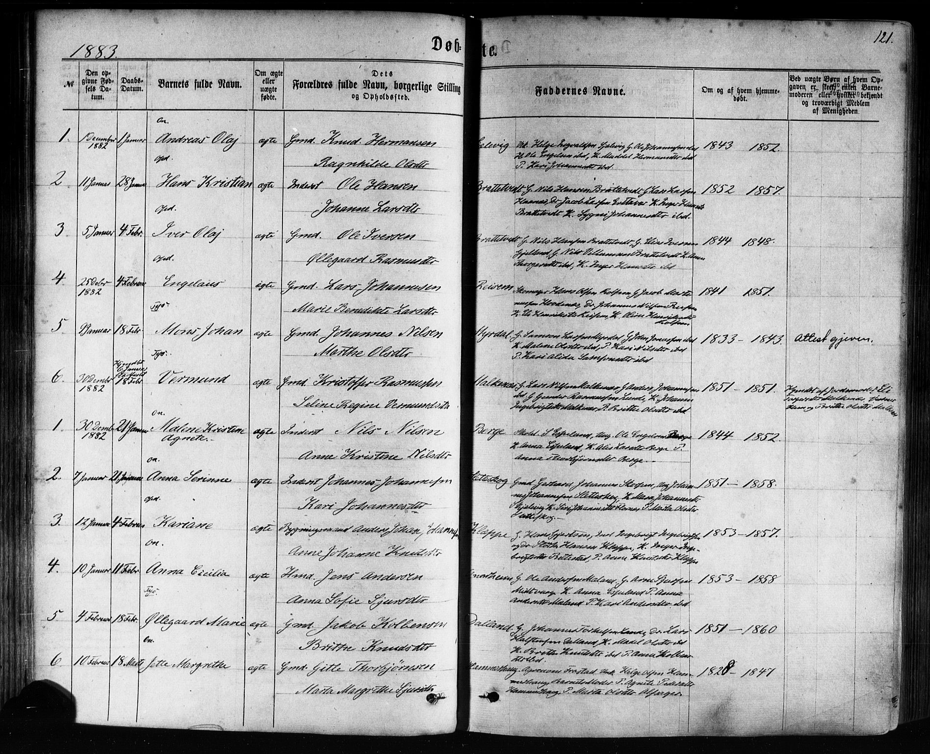 Tysnes sokneprestembete, SAB/A-78601/H/Haa: Parish register (official) no. A 12, 1872-1886, p. 121