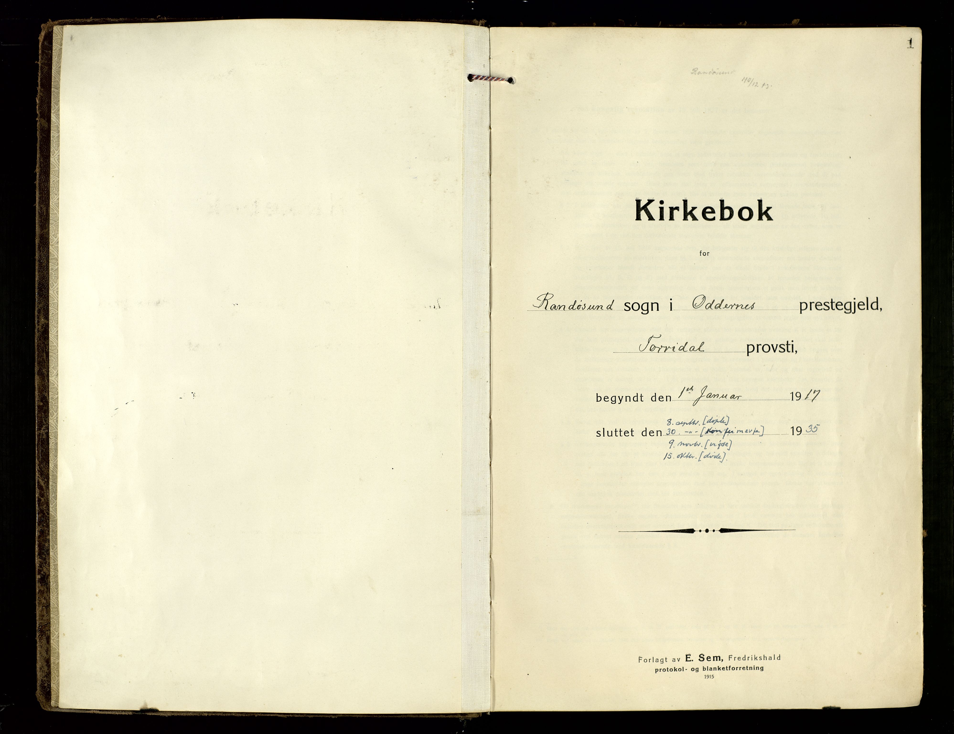 Oddernes sokneprestkontor, SAK/1111-0033/F/Fa/Fab/L0004: Parish register (official) no. A 4, 1916-1935, p. 1