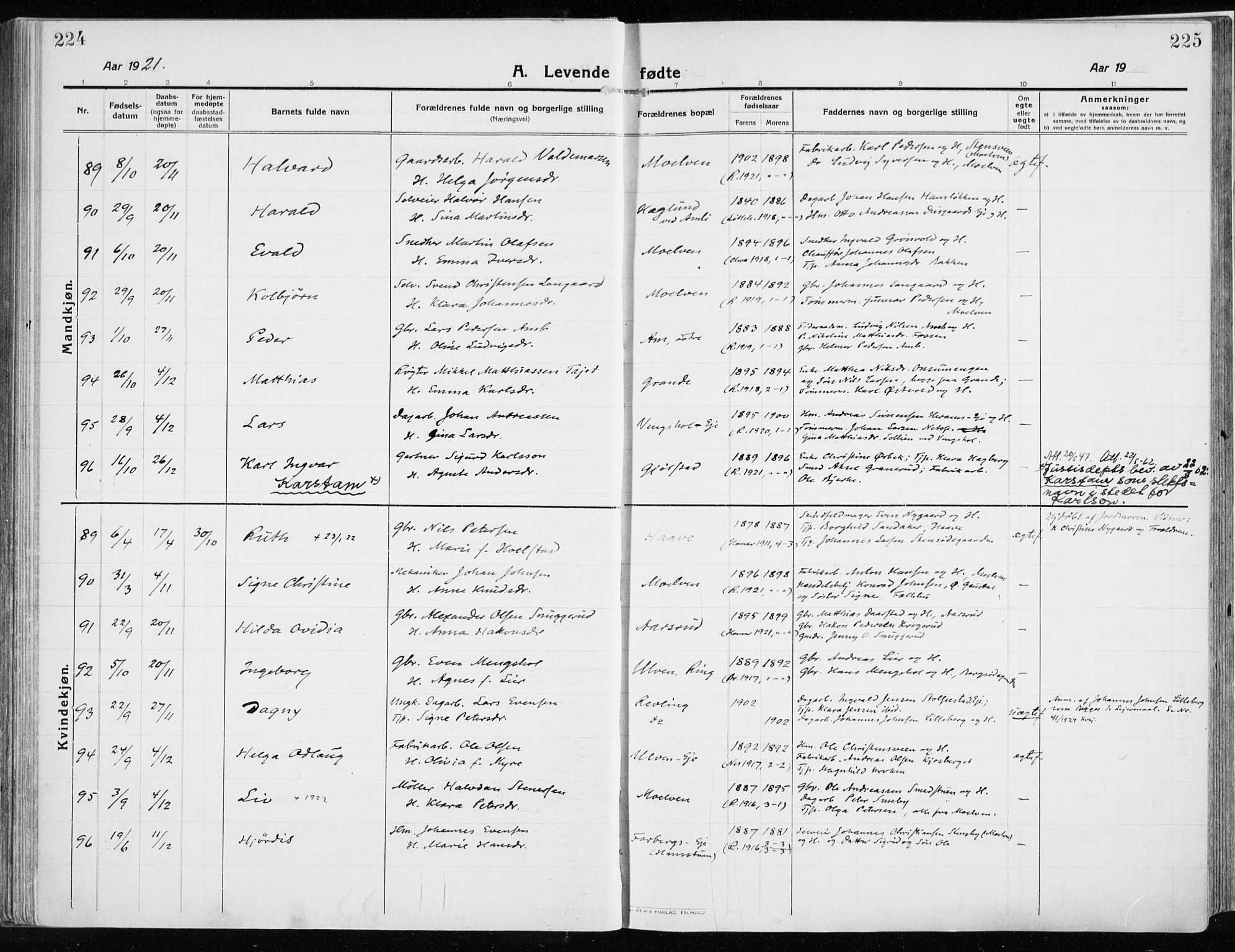 Ringsaker prestekontor, AV/SAH-PREST-014/K/Ka/L0020: Parish register (official) no. 20, 1913-1922, p. 224-225