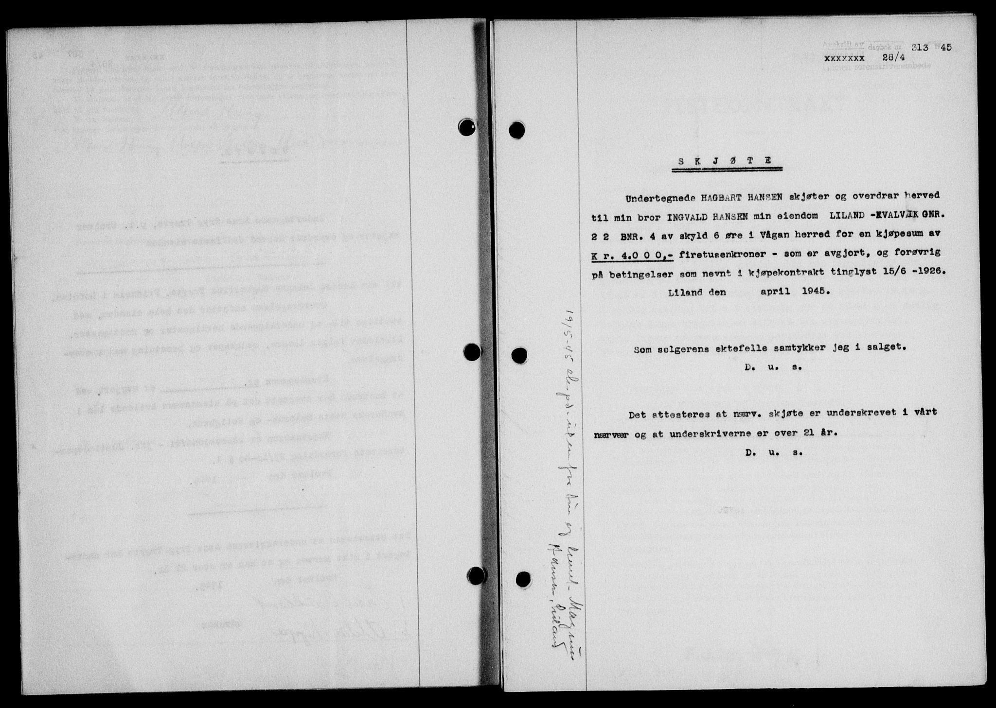 Lofoten sorenskriveri, SAT/A-0017/1/2/2C/L0013a: Mortgage book no. 13a, 1944-1946, Diary no: : 313/1945