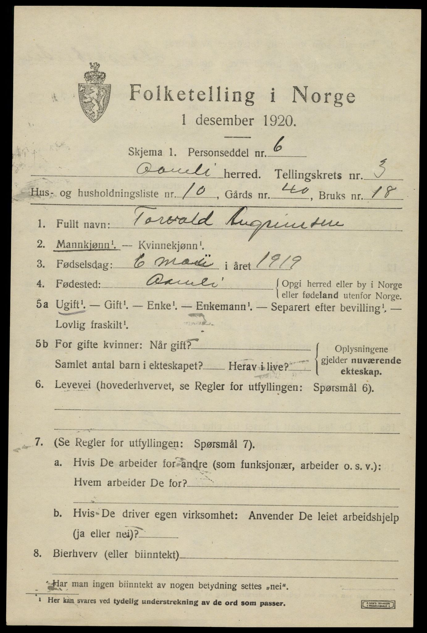 SAK, 1920 census for Åmli, 1920, p. 1381