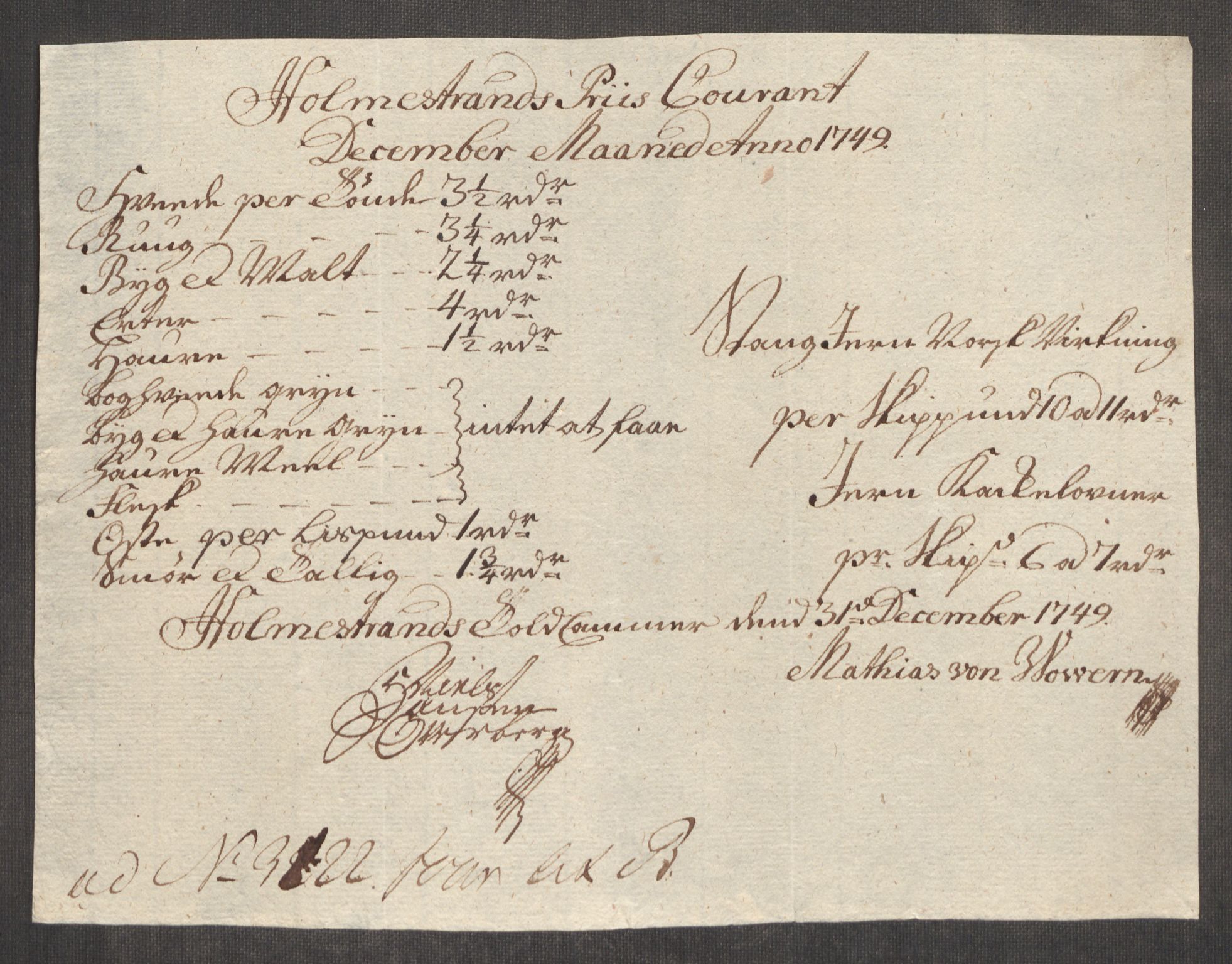Rentekammeret inntil 1814, Realistisk ordnet avdeling, AV/RA-EA-4070/Oe/L0004: [Ø1]: Priskuranter, 1749-1752, p. 80