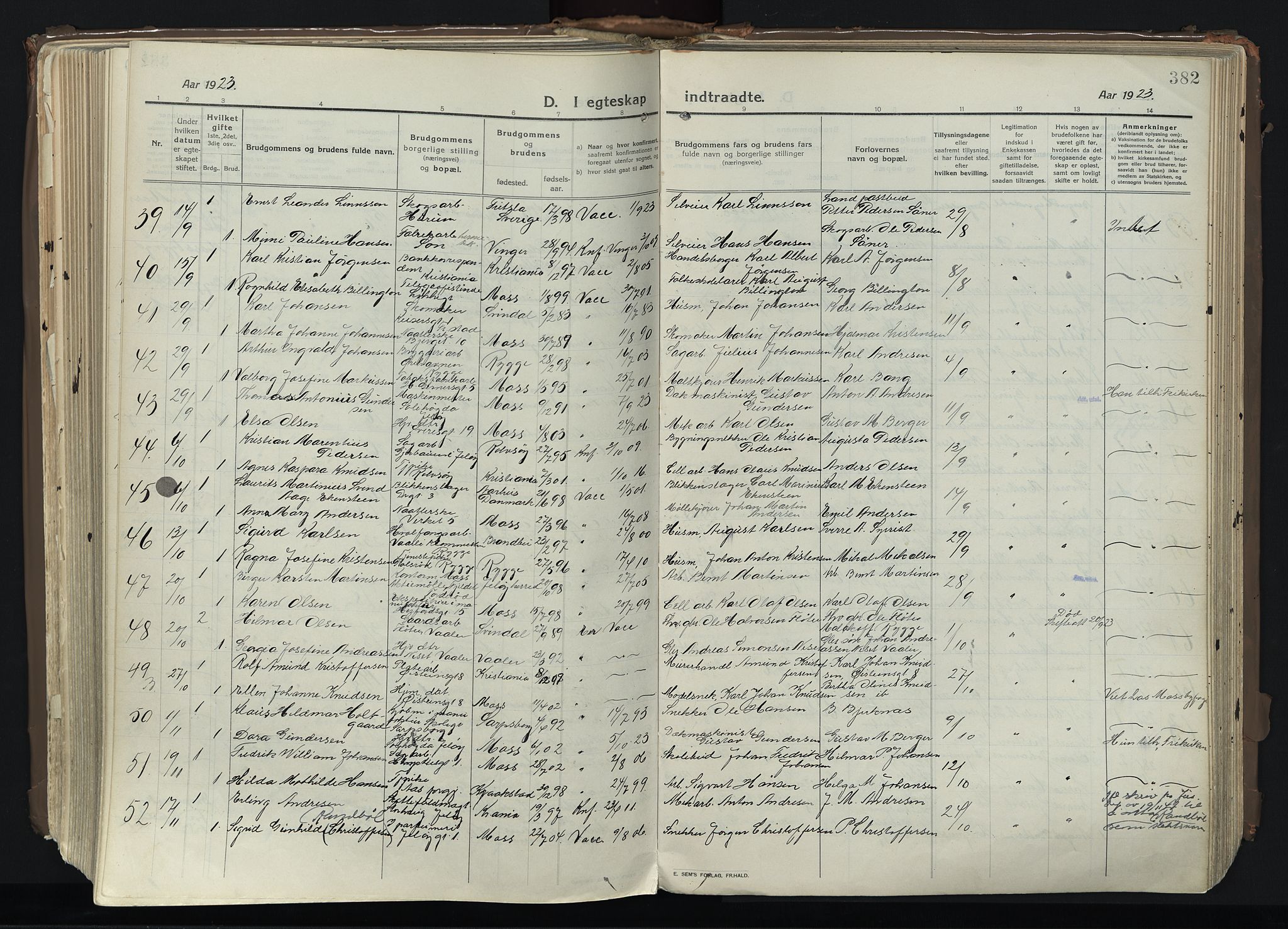 Moss prestekontor Kirkebøker, AV/SAO-A-2003/F/Fb/L0005: Parish register (official) no. II 5, 1913-1923, p. 382