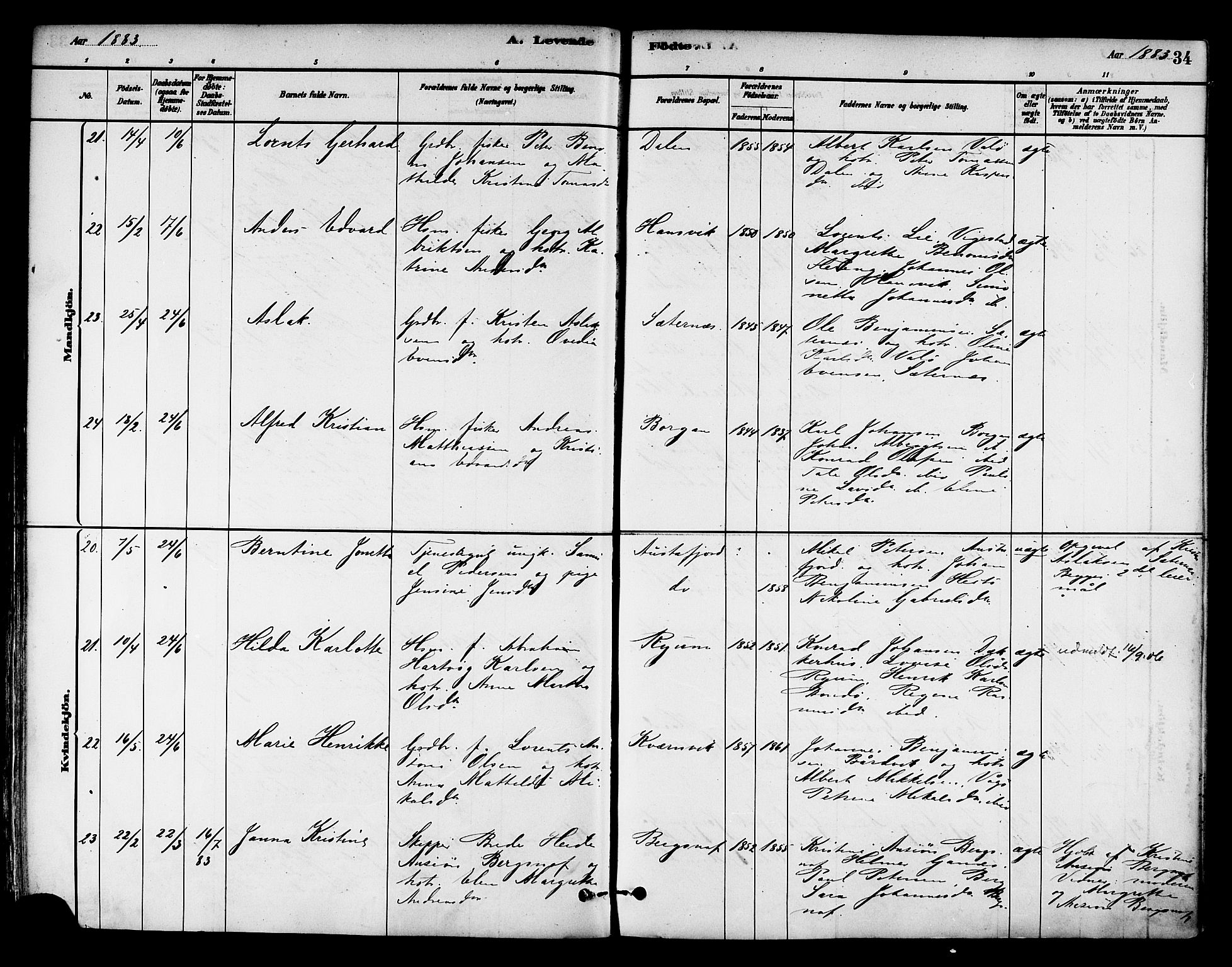 Ministerialprotokoller, klokkerbøker og fødselsregistre - Nord-Trøndelag, AV/SAT-A-1458/786/L0686: Parish register (official) no. 786A02, 1880-1887, p. 34