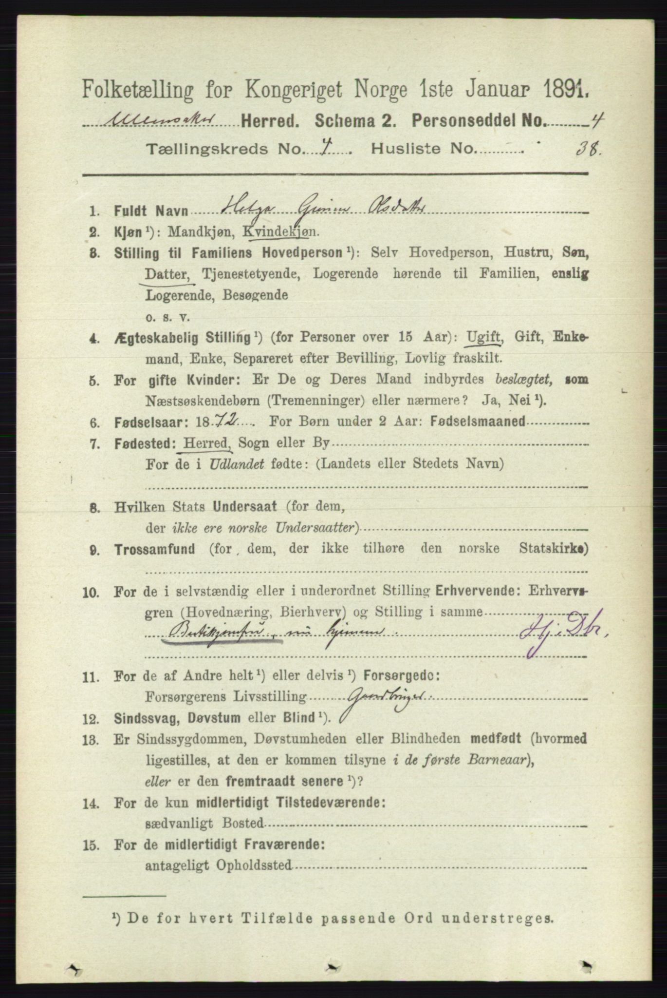 RA, 1891 census for 0235 Ullensaker, 1891, p. 1707