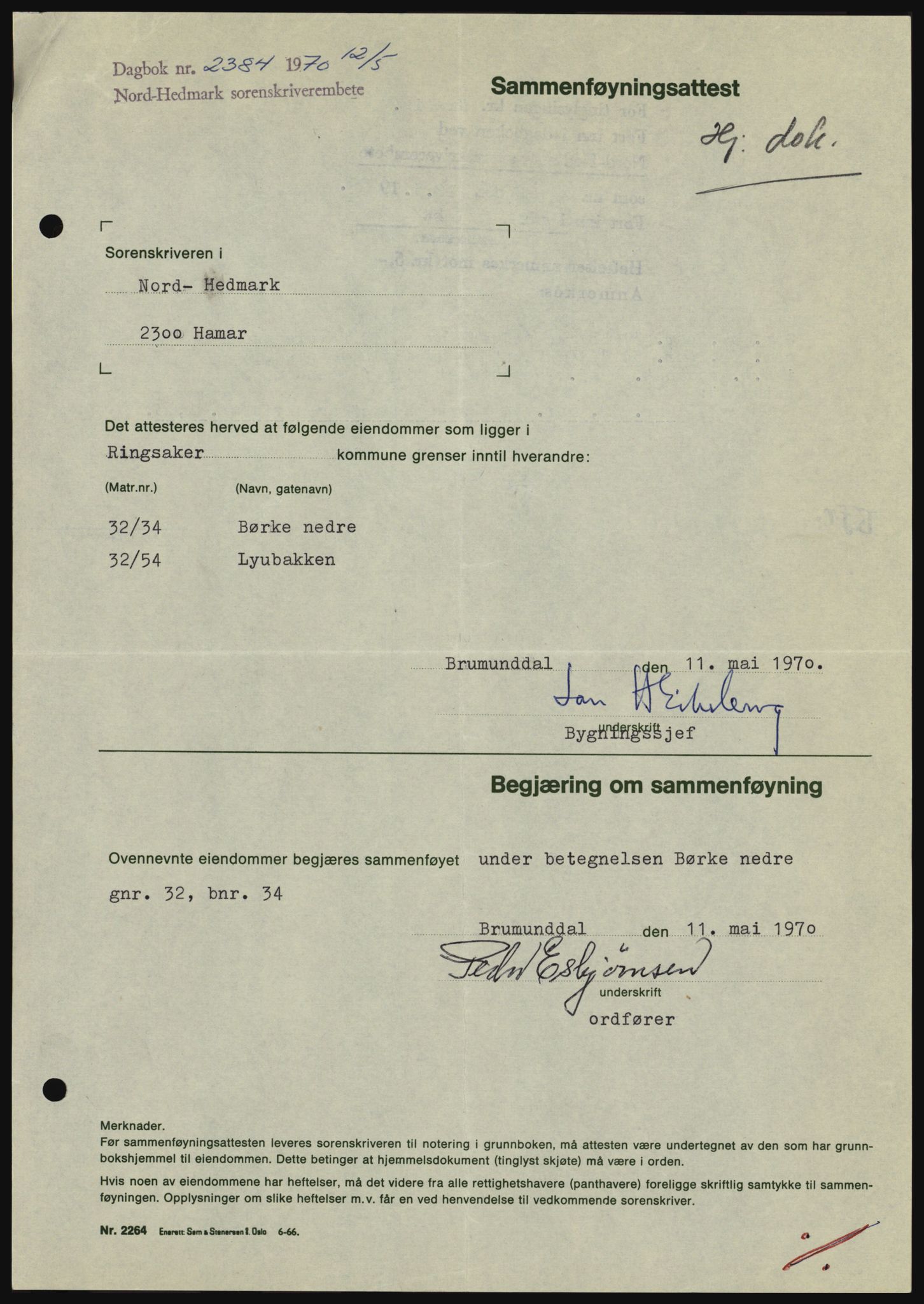 Nord-Hedmark sorenskriveri, SAH/TING-012/H/Hc/L0033: Mortgage book no. 33, 1970-1970, Diary no: : 2384/1970