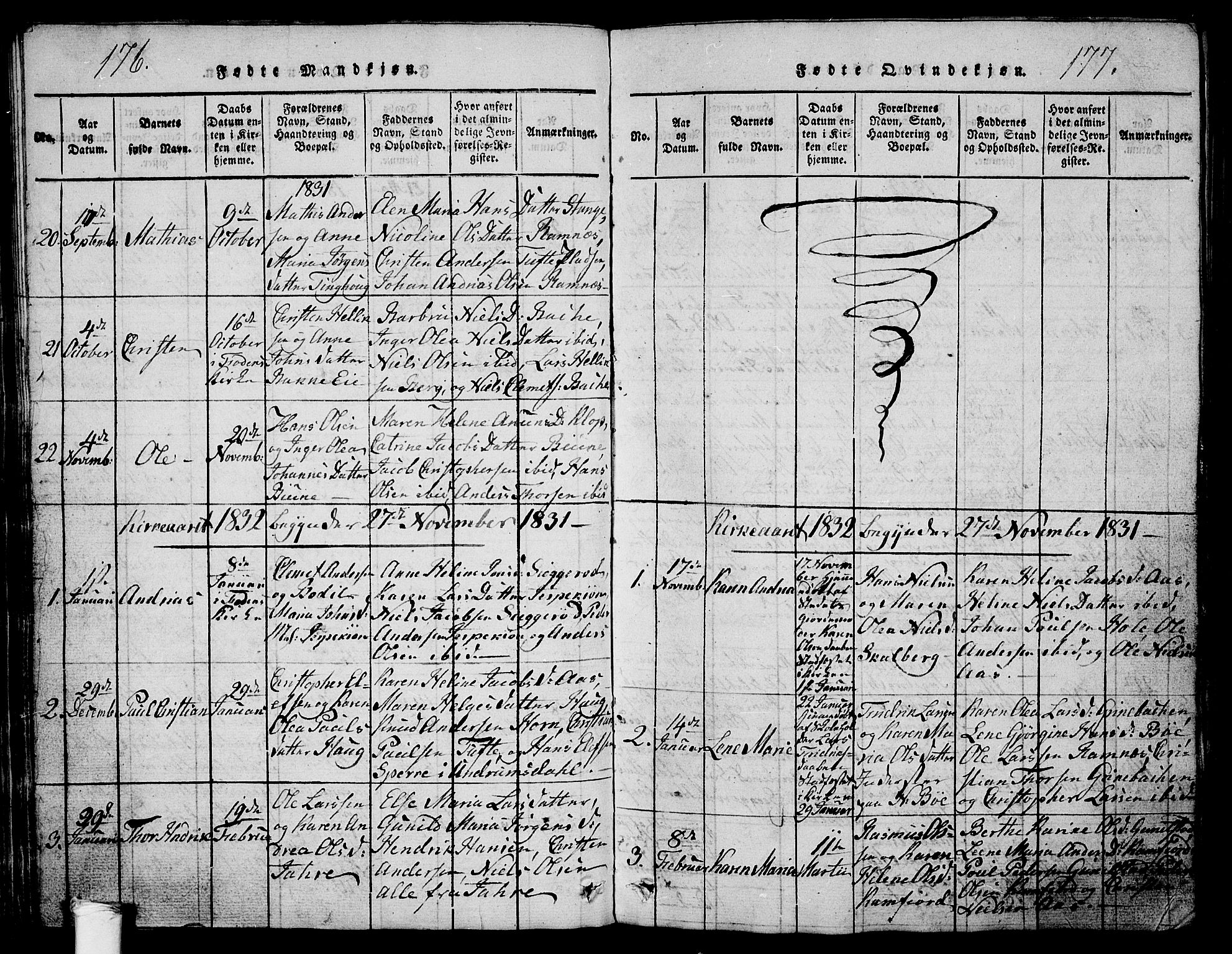 Ramnes kirkebøker, AV/SAKO-A-314/G/Ga/L0001: Parish register (copy) no. I 1, 1813-1847, p. 176-177