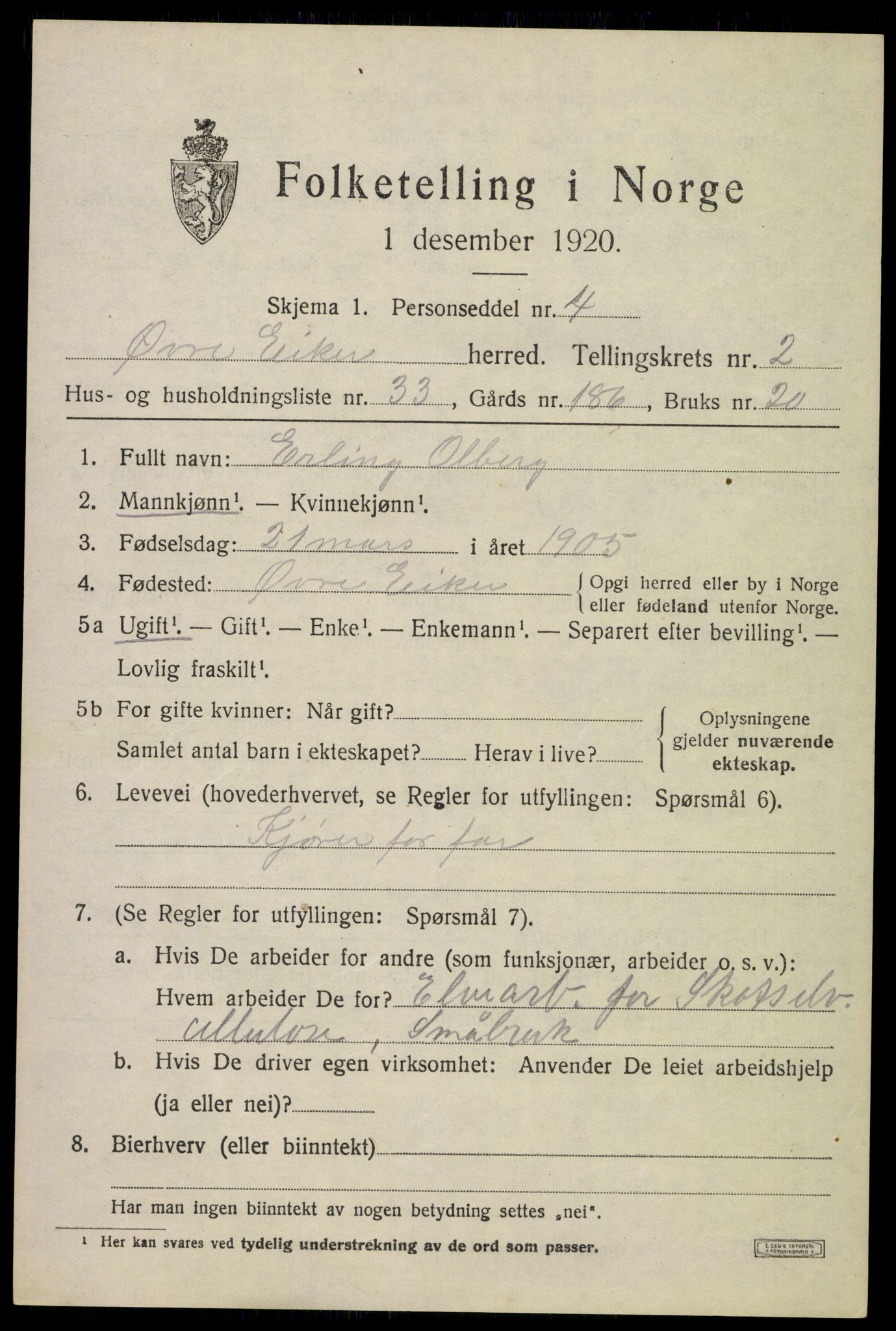 SAKO, 1920 census for Øvre Eiker, 1920, p. 7000