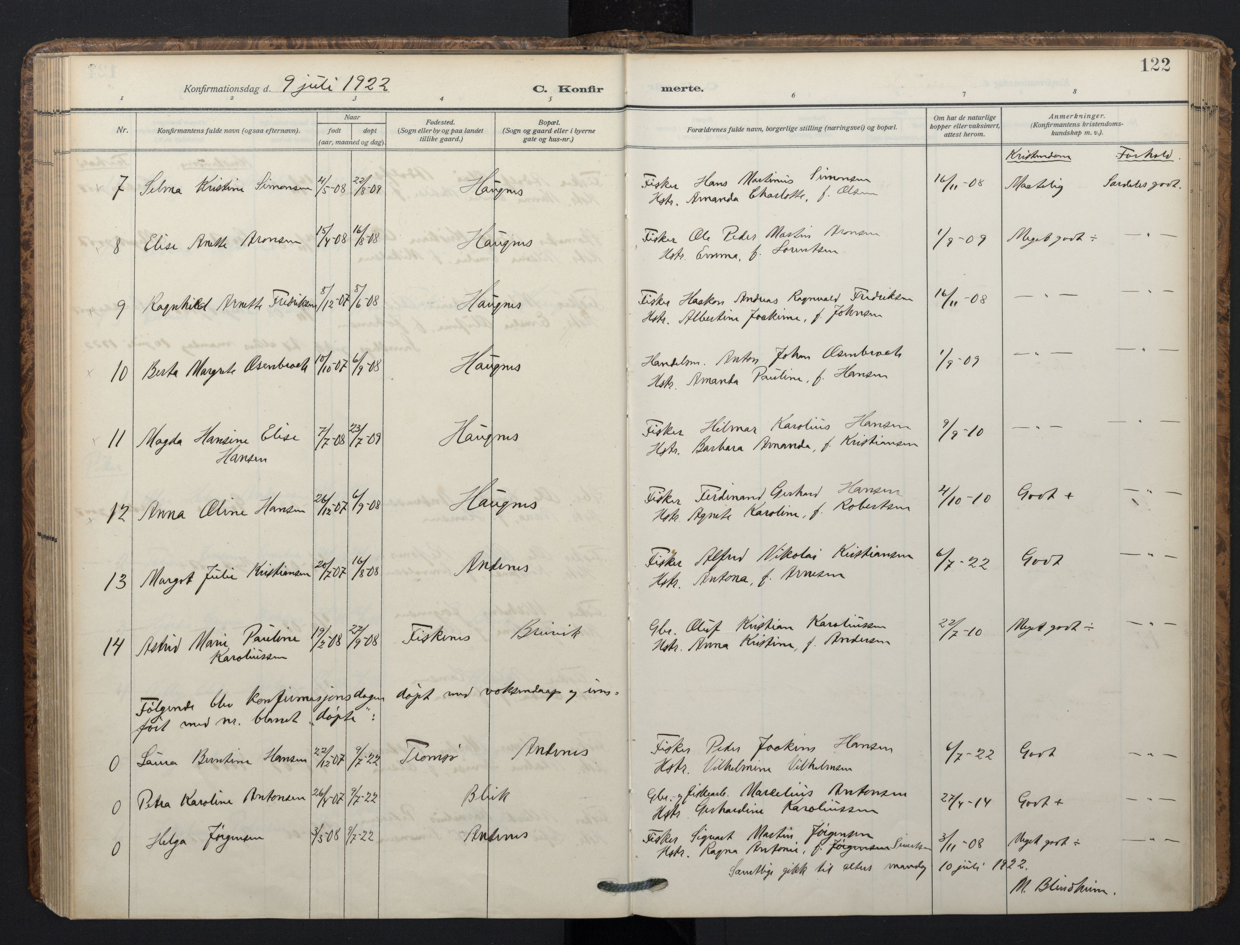 Ministerialprotokoller, klokkerbøker og fødselsregistre - Nordland, AV/SAT-A-1459/899/L1438: Parish register (official) no. 899A06, 1909-1922, p. 122