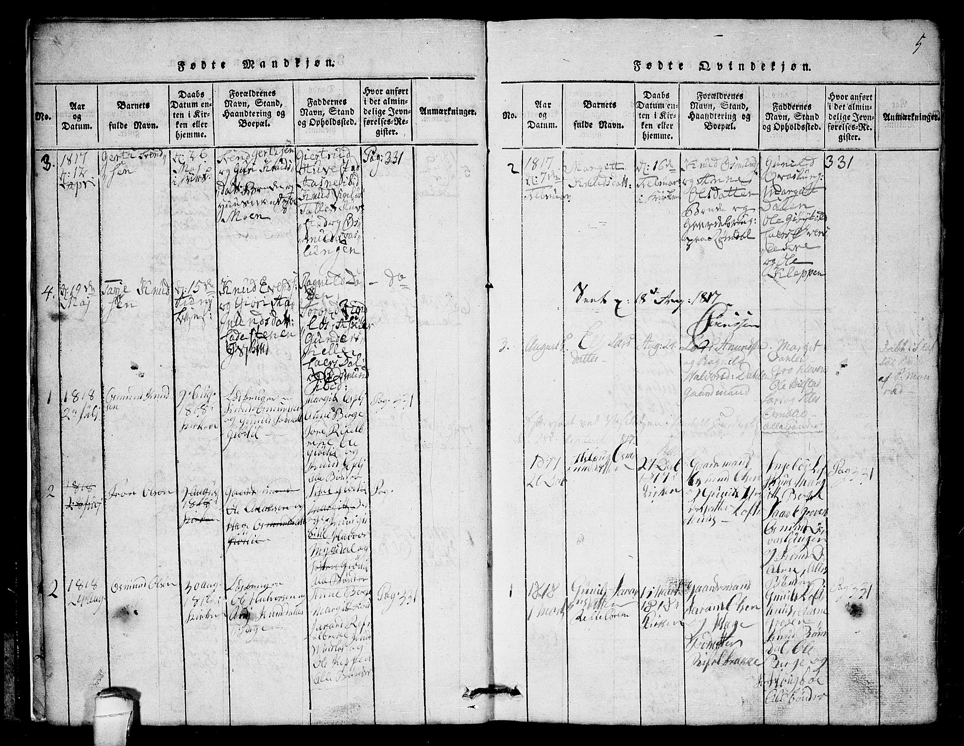 Lårdal kirkebøker, SAKO/A-284/G/Gb/L0001: Parish register (copy) no. II 1, 1815-1865, p. 5