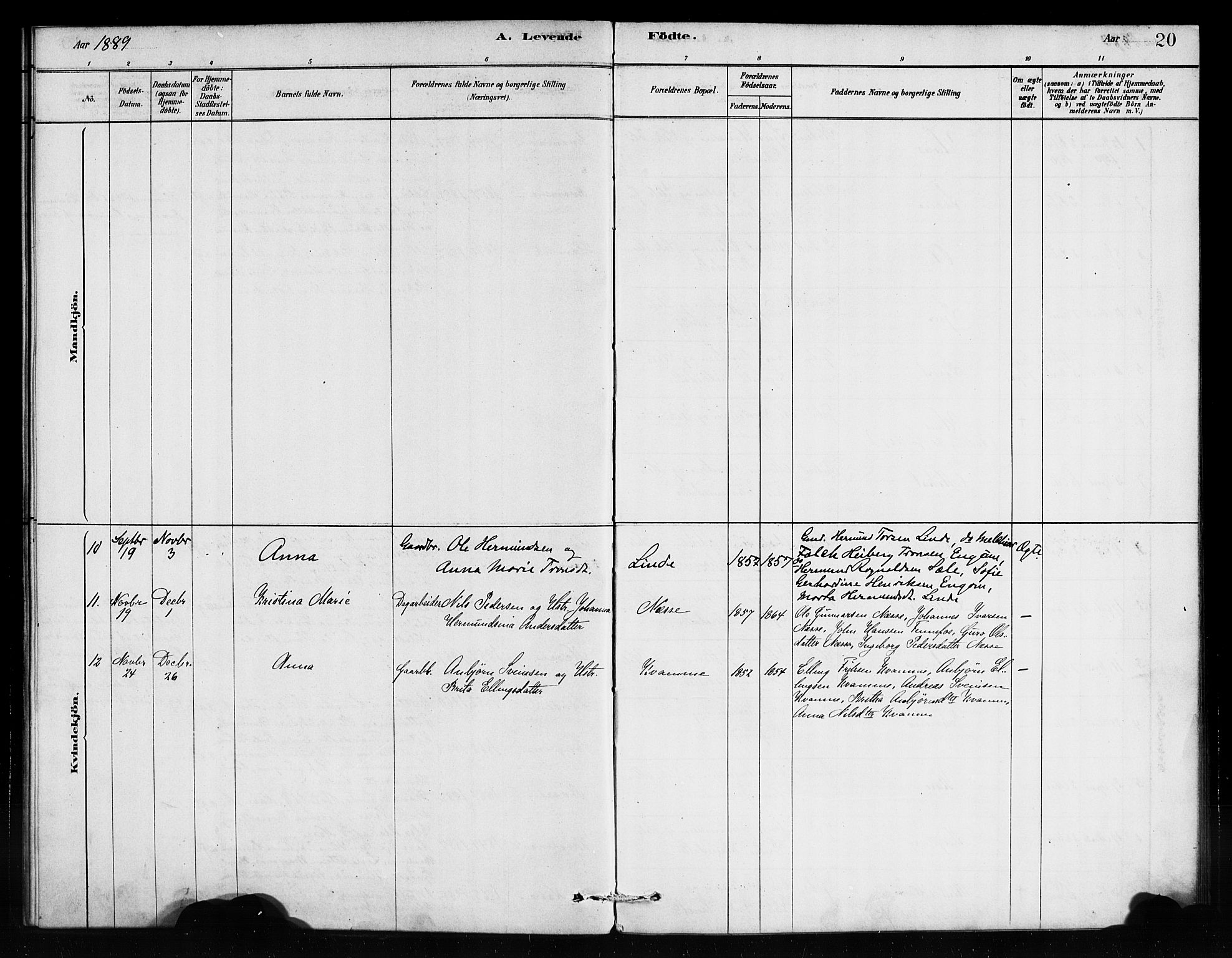 Vik sokneprestembete, AV/SAB-A-81501/H/Haa/Haad/L0001: Parish register (official) no. D 1, 1878-1890, p. 20