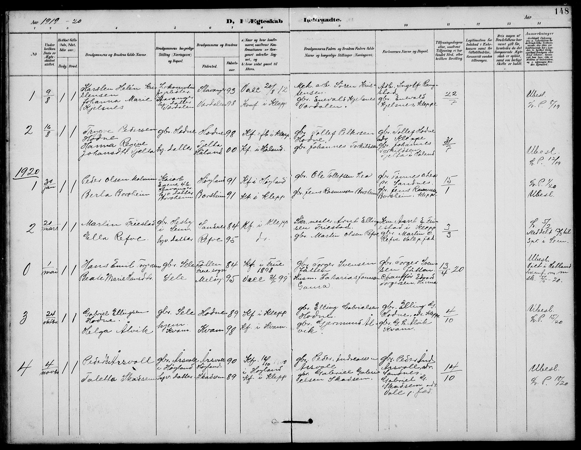 Klepp sokneprestkontor, AV/SAST-A-101803/001/3/30BB/L0006: Parish register (copy) no. B 6, 1889-1936, p. 148